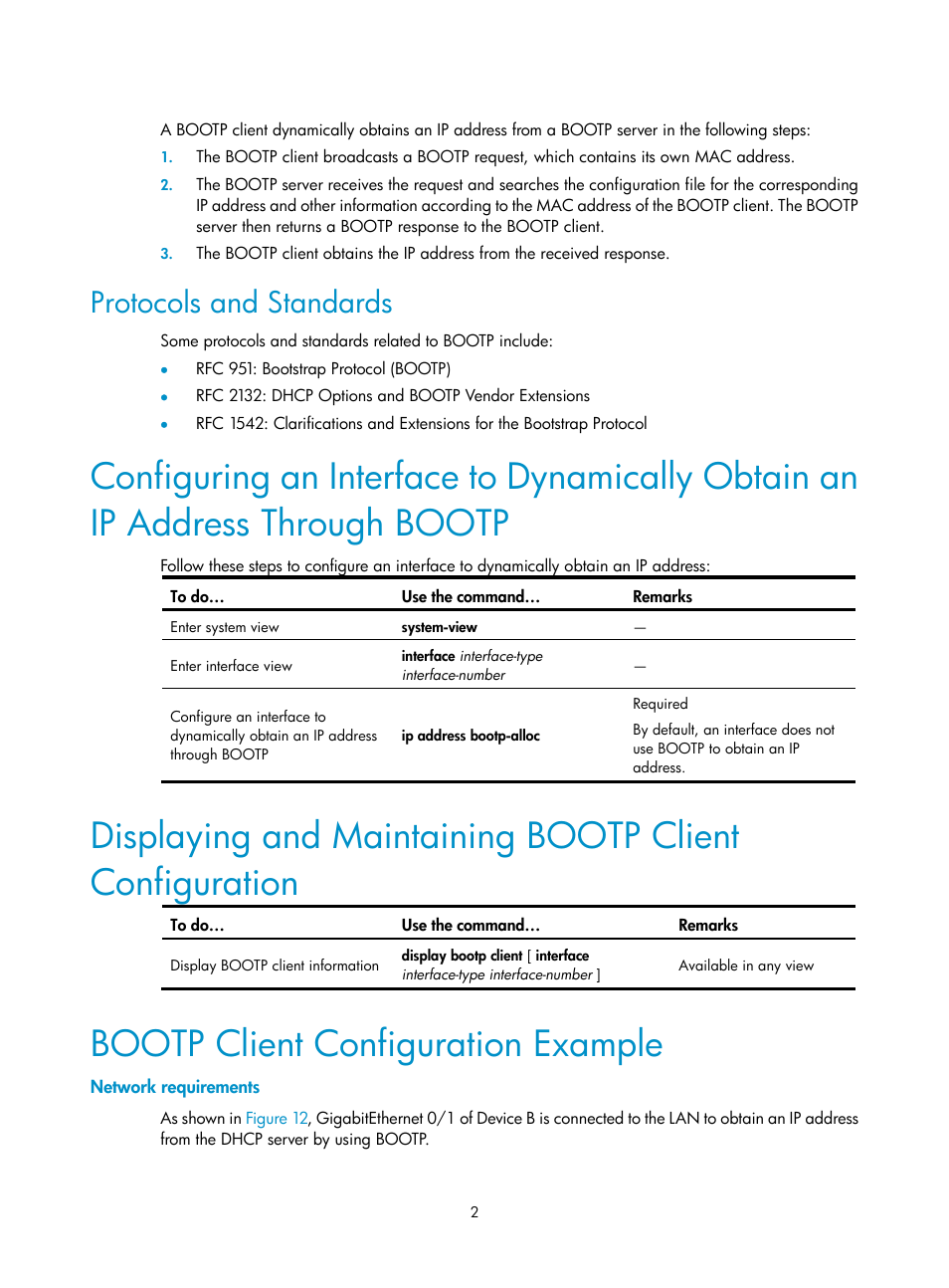 Protocols and standards, Bootp client configuration example, Network requirements | H3C Technologies H3C SecPath F1000-E User Manual | Page 76 / 198