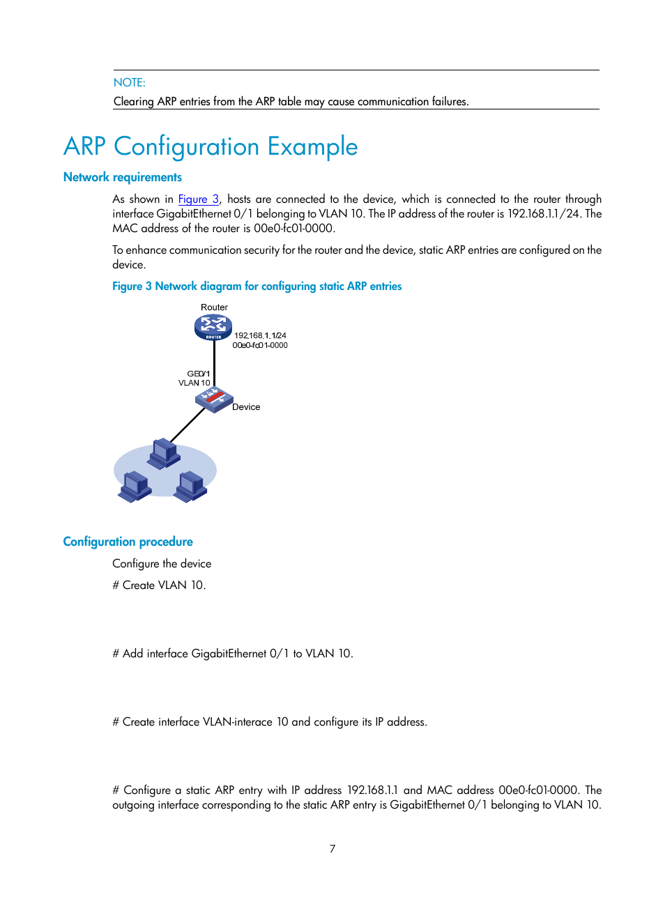 Arp configuration example, Network requirements, Configuration procedure | H3C Technologies H3C SecPath F1000-E User Manual | Page 8 / 198