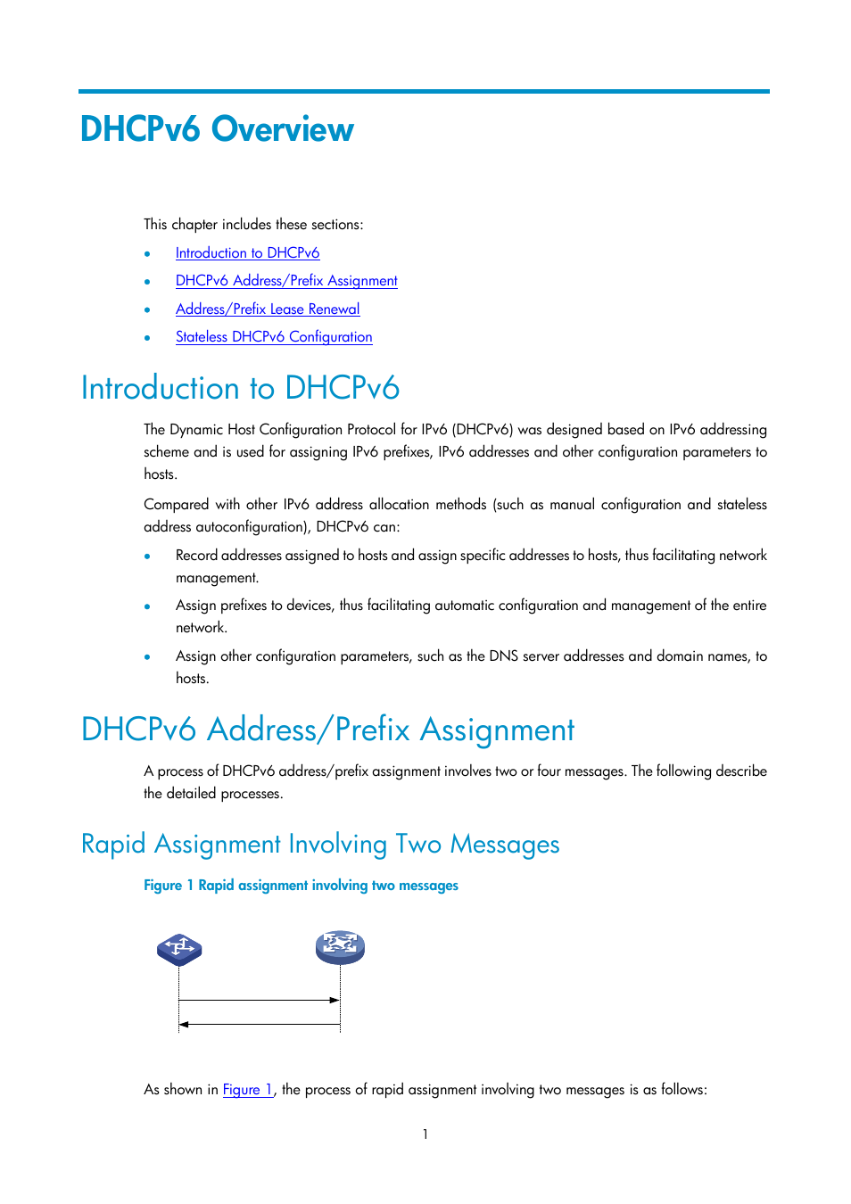 Dhcpv6 overview, Introduction to dhcpv6, Dhcpv6 address/prefix assignment | Rapid assignment involving two messages | H3C Technologies H3C SecPath F1000-E User Manual | Page 80 / 198