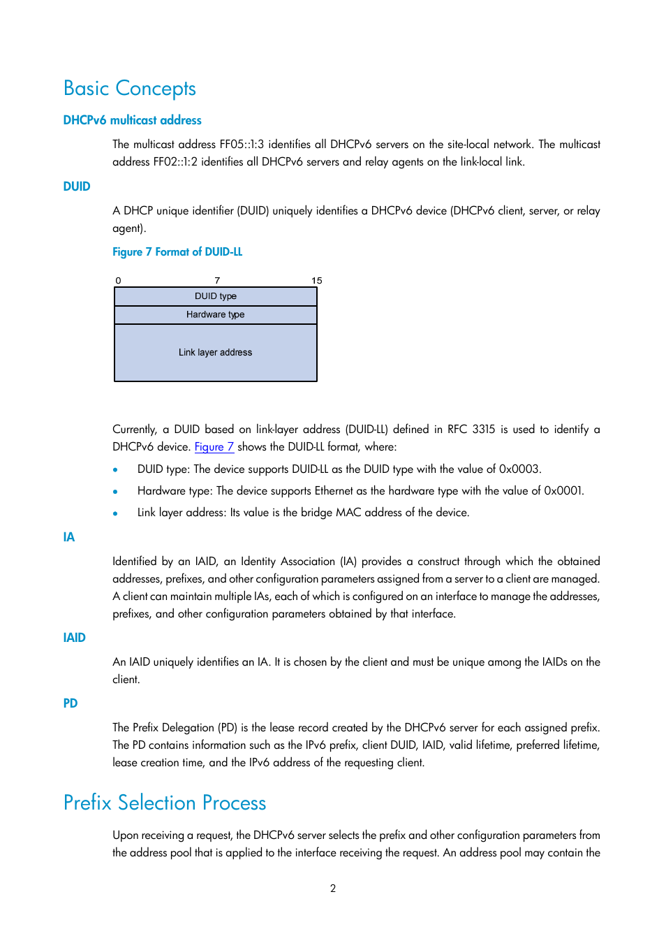 Basic concepts, Dhcpv6 multicast address, Duid | Iaid, Prefix selection process | H3C Technologies H3C SecPath F1000-E User Manual | Page 85 / 198