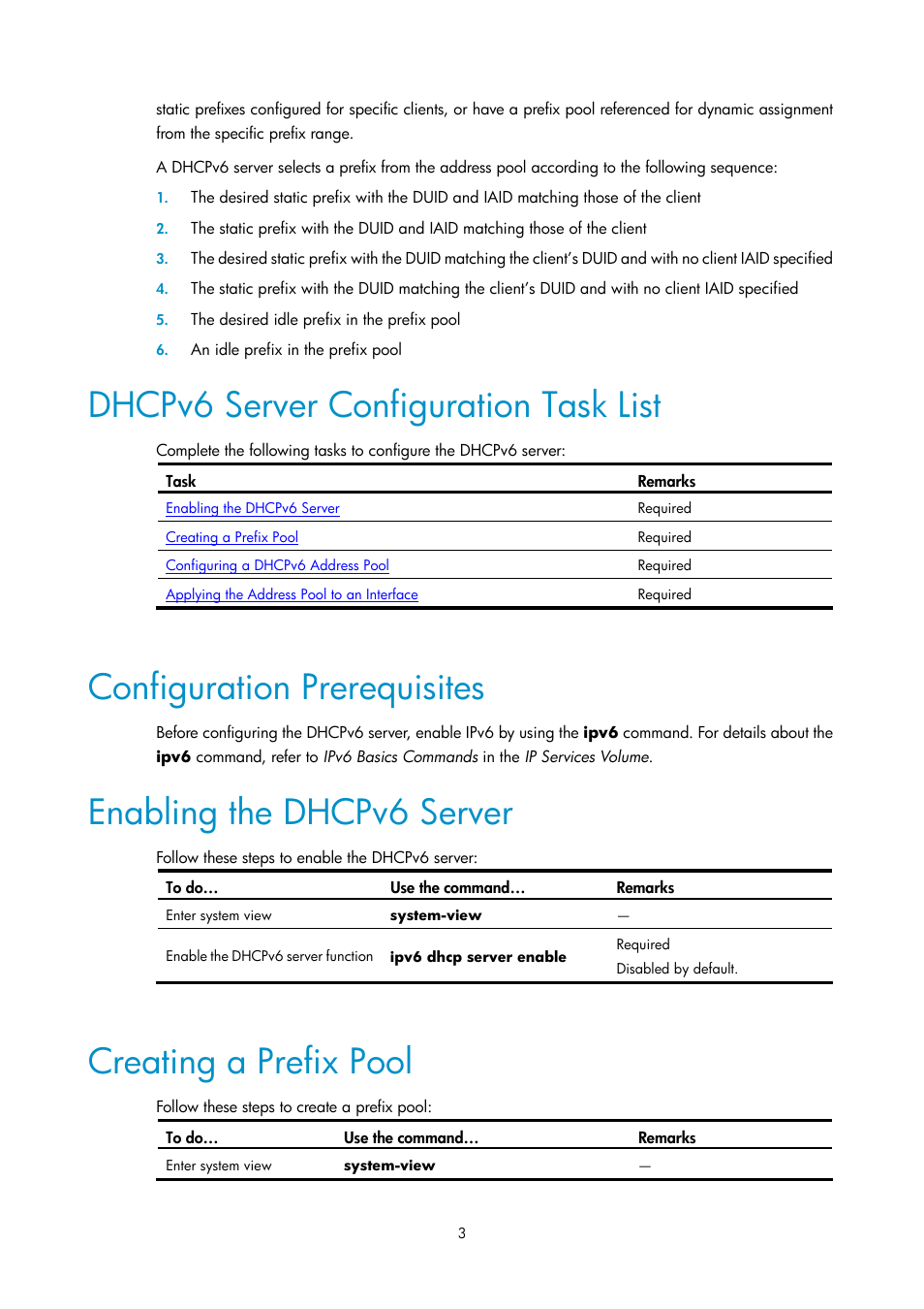 Dhcpv6 server configuration task list, Configuration prerequisites, Enabling the dhcpv6 server | Creating a prefix pool | H3C Technologies H3C SecPath F1000-E User Manual | Page 86 / 198