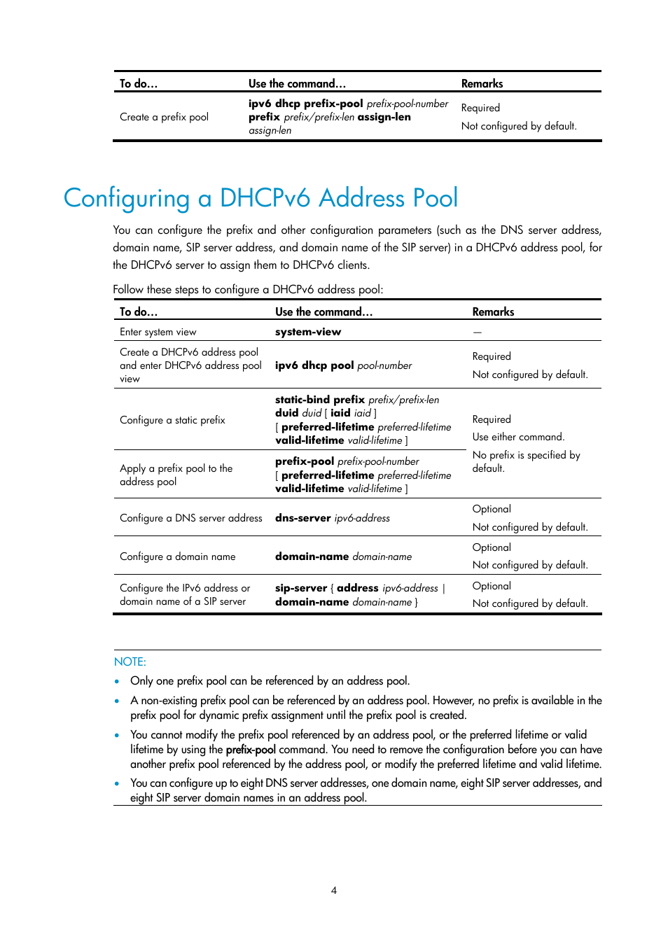 Configuring a dhcpv6 address pool | H3C Technologies H3C SecPath F1000-E User Manual | Page 87 / 198