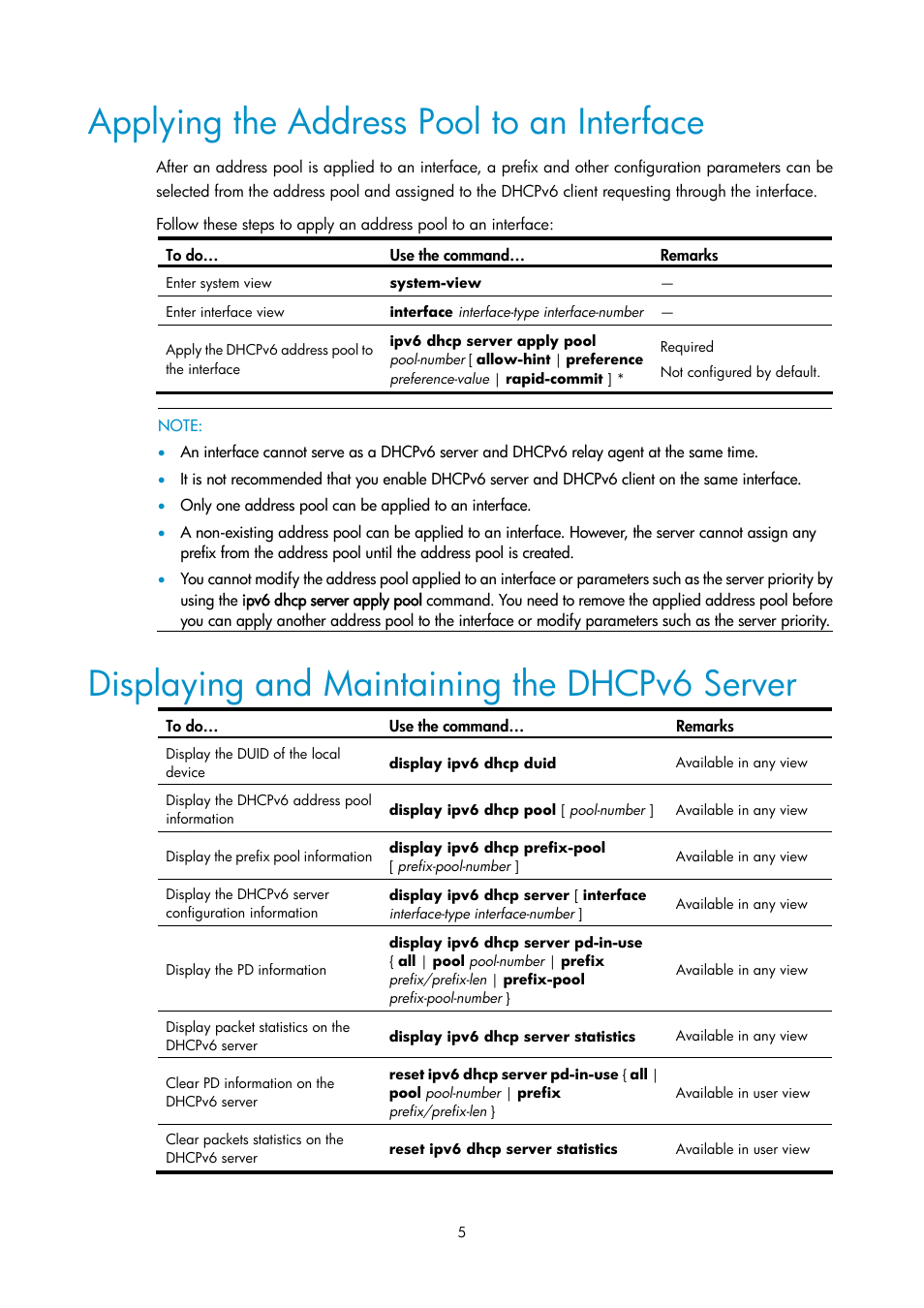 Applying the address pool to an interface, Displaying and maintaining the dhcpv6 server | H3C Technologies H3C SecPath F1000-E User Manual | Page 88 / 198