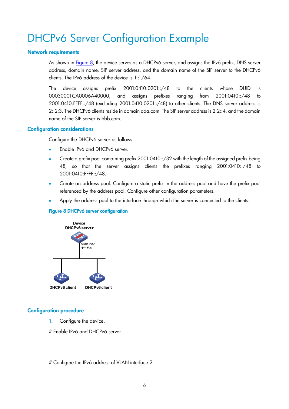Dhcpv6 server configuration example, Network requirements, Configuration considerations | Configuration procedure | H3C Technologies H3C SecPath F1000-E User Manual | Page 89 / 198