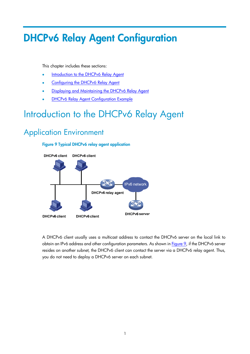 Dhcpv6 relay agent configuration, Introduction to the dhcpv6 relay agent, Application environment | H3C Technologies H3C SecPath F1000-E User Manual | Page 92 / 198