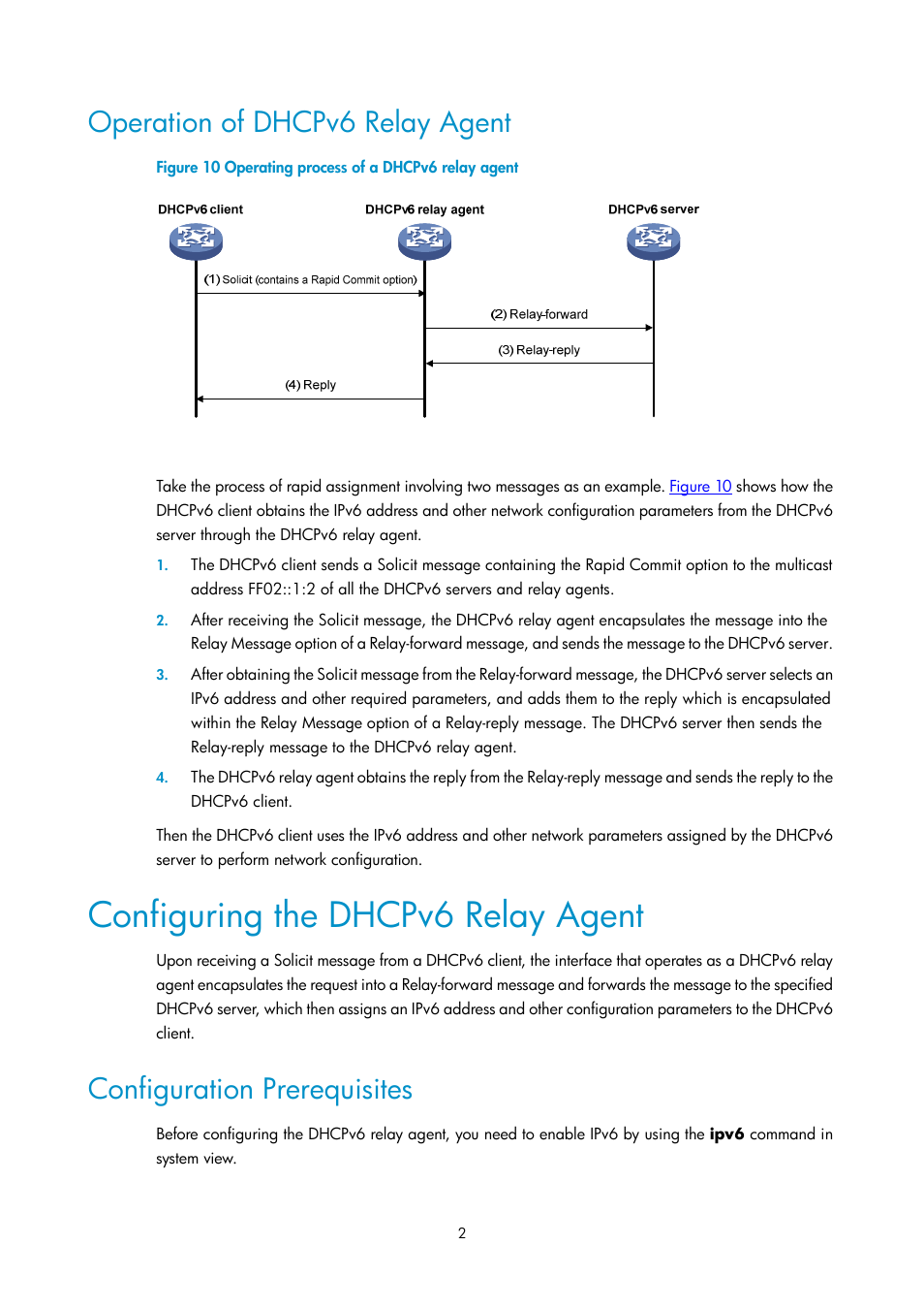 Operation of dhcpv6 relay agent, Configuring the dhcpv6 relay agent, Configuration prerequisites | H3C Technologies H3C SecPath F1000-E User Manual | Page 93 / 198