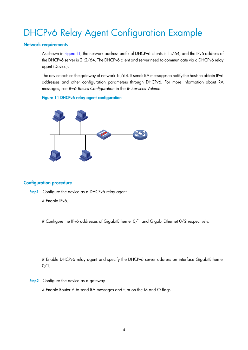 Dhcpv6 relay agent configuration example, Network requirements, Configuration procedure | H3C Technologies H3C SecPath F1000-E User Manual | Page 95 / 198