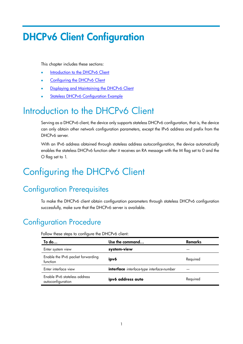 Dhcpv6 client configuration, Introduction to the dhcpv6 client, Configuring the dhcpv6 client | Configuration prerequisites, Configuration procedure | H3C Technologies H3C SecPath F1000-E User Manual | Page 97 / 198