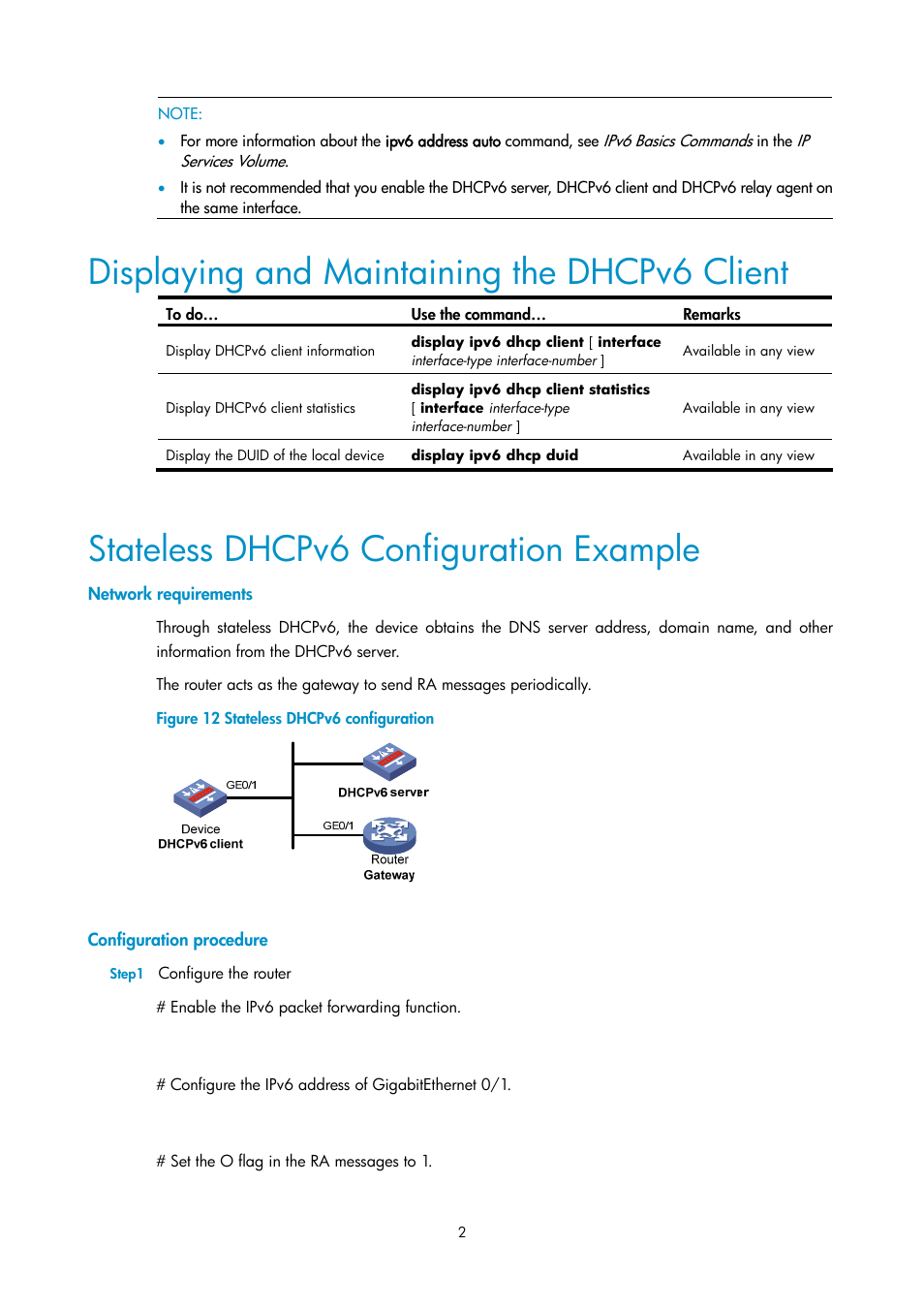 Displaying and maintaining the dhcpv6 client, Stateless dhcpv6 configuration example, Network requirements | Configuration procedure | H3C Technologies H3C SecPath F1000-E User Manual | Page 98 / 198