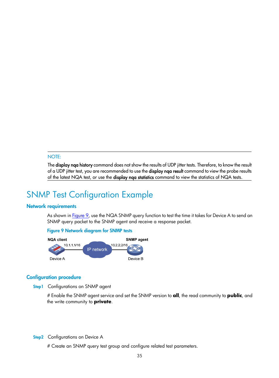 Snmp test configuration example, Network requirements, Configuration procedure | H3C Technologies H3C SecPath F1000-E User Manual | Page 101 / 326