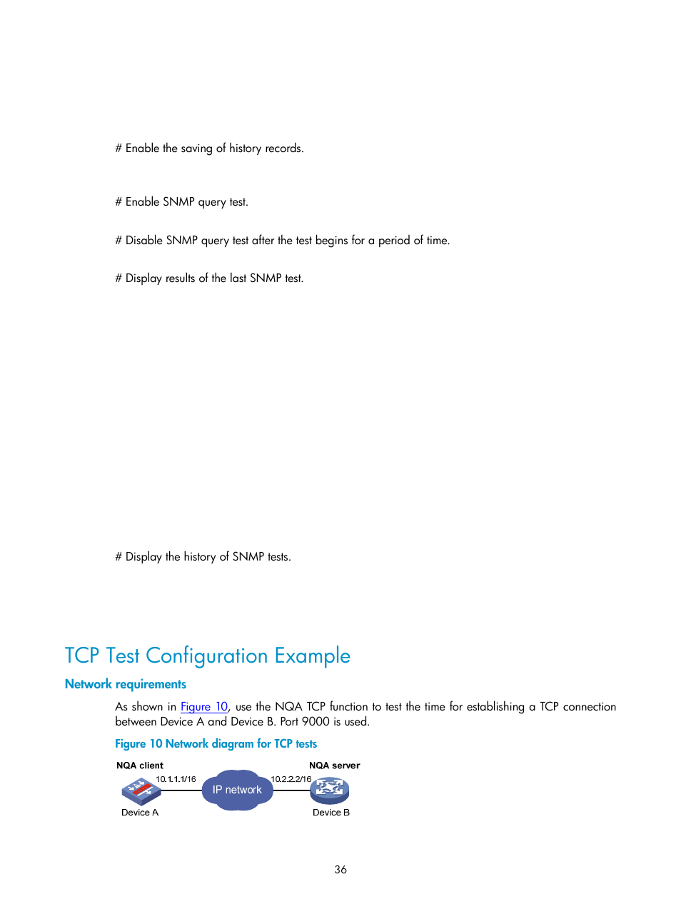 Tcp test configuration example, Network requirements | H3C Technologies H3C SecPath F1000-E User Manual | Page 102 / 326