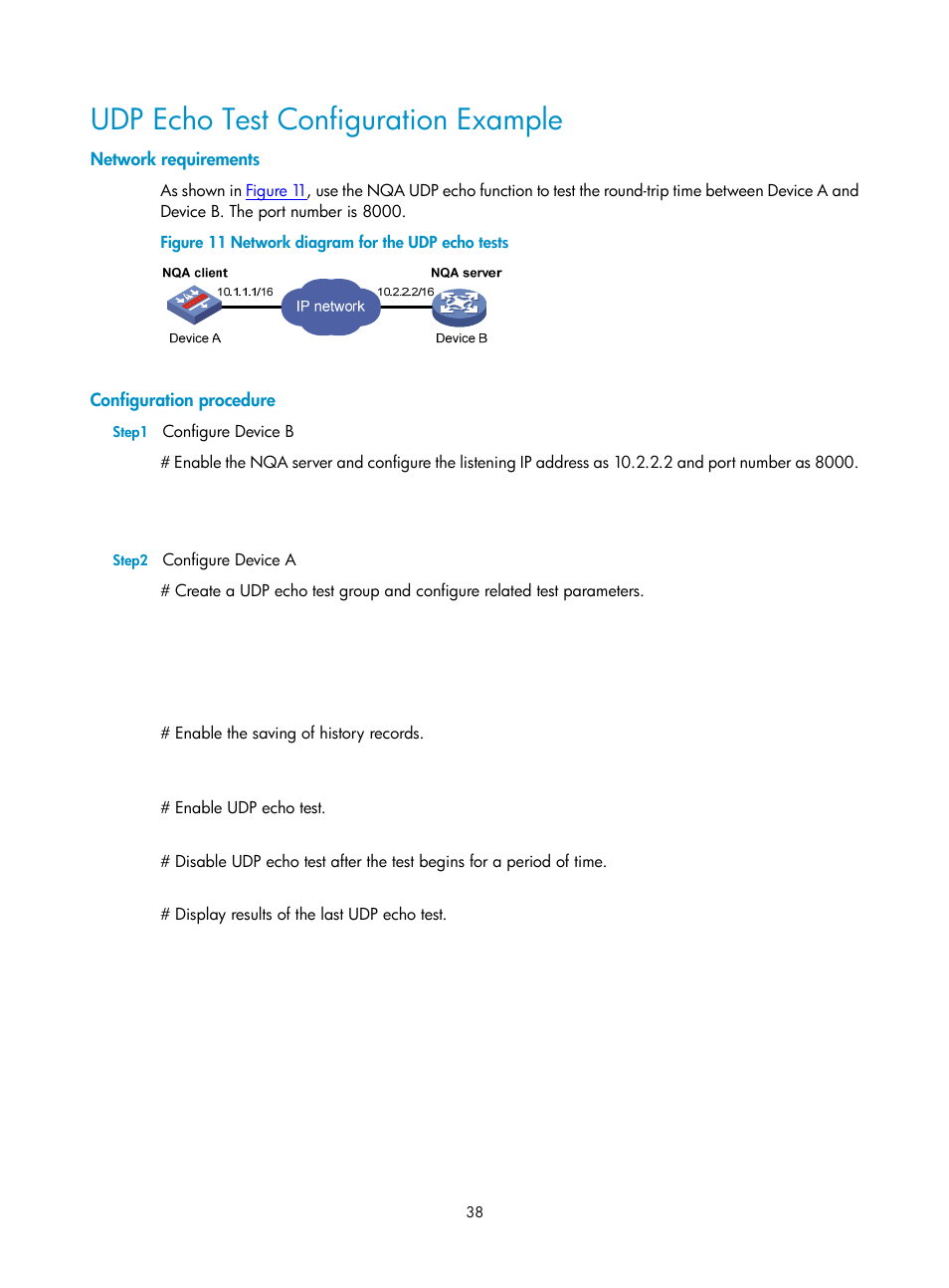 Udp echo test configuration example, Network requirements, Configuration procedure | H3C Technologies H3C SecPath F1000-E User Manual | Page 104 / 326