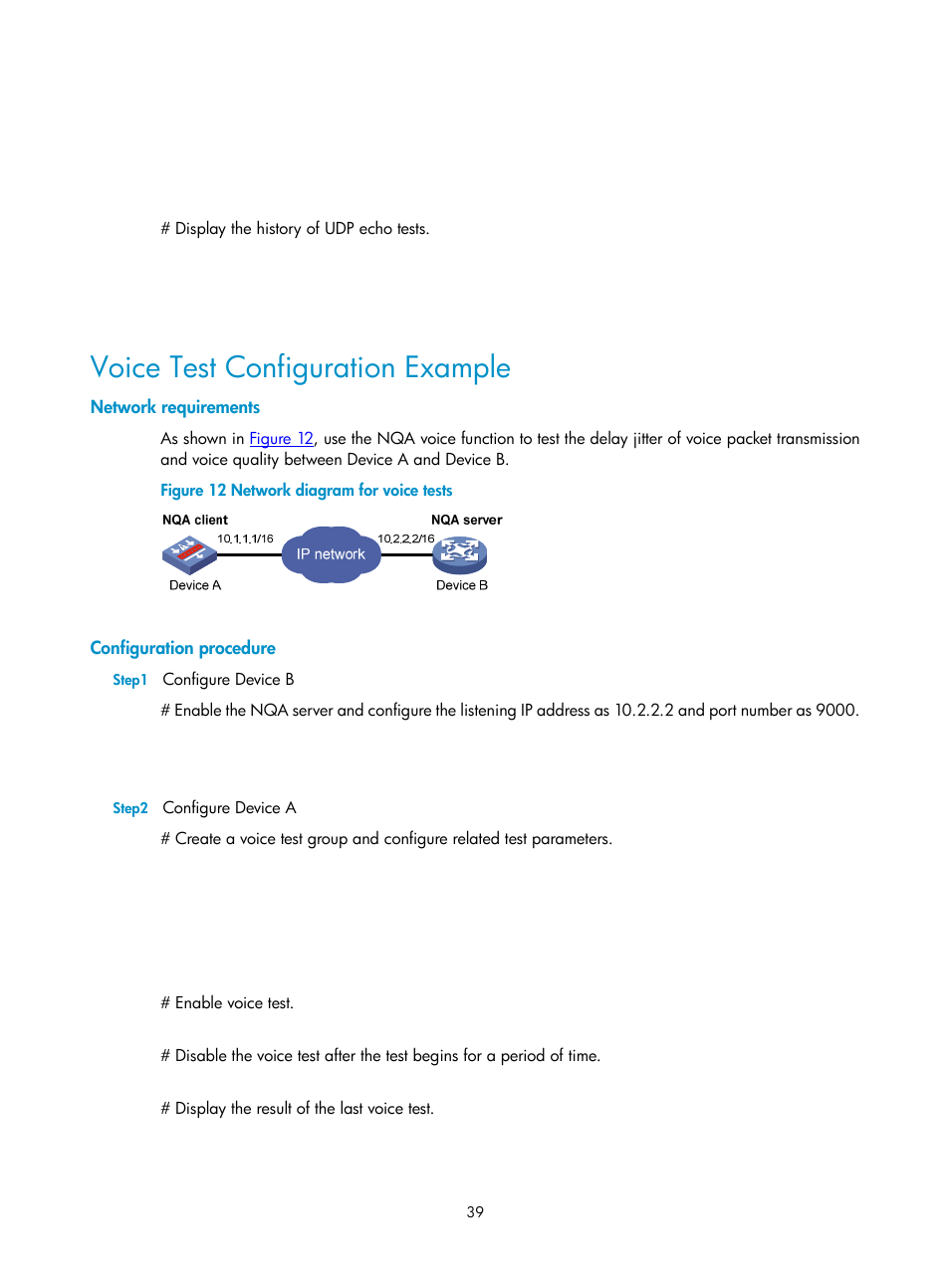 Voice test configuration example, Network requirements, Configuration procedure | H3C Technologies H3C SecPath F1000-E User Manual | Page 105 / 326