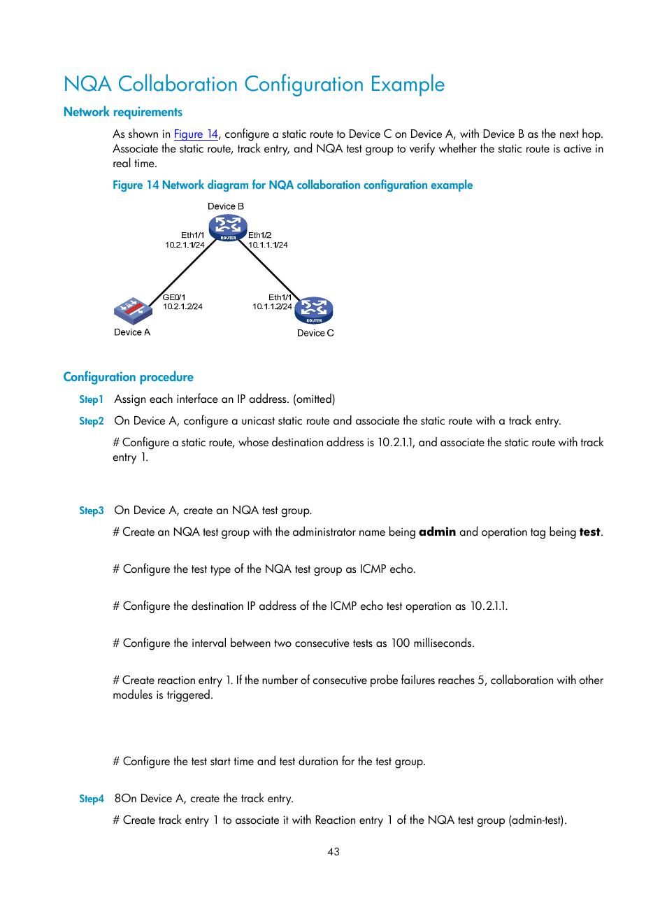 Nqa collaboration configuration example, Network requirements, Configuration procedure | H3C Technologies H3C SecPath F1000-E User Manual | Page 109 / 326