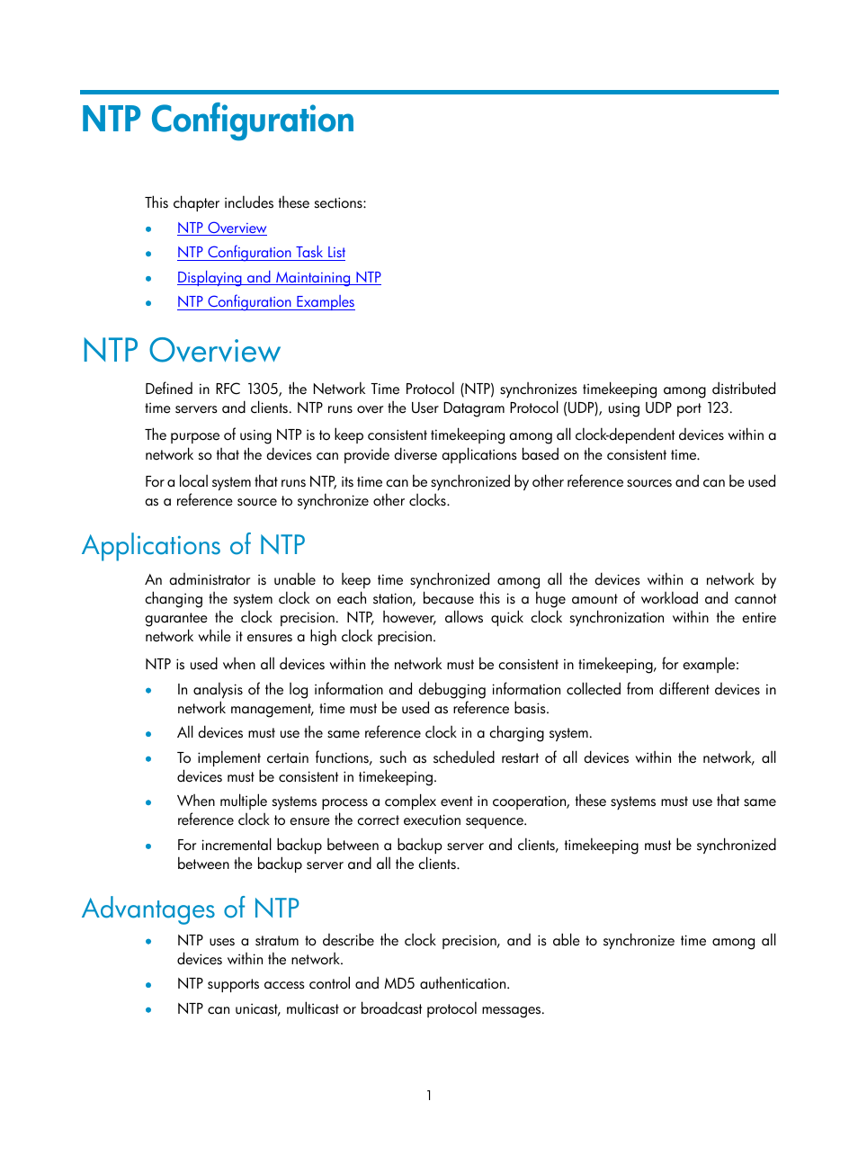 Ntp configuration, Ntp overview, Applications of ntp | Advantages of ntp | H3C Technologies H3C SecPath F1000-E User Manual | Page 113 / 326