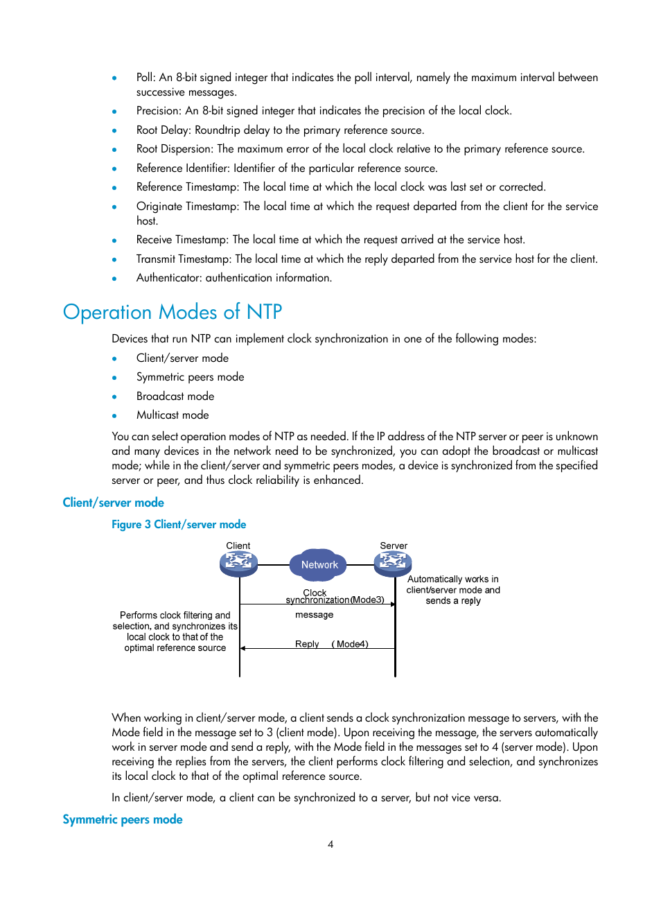 Operation modes of ntp, Client/server mode, Symmetric peers mode | H3C Technologies H3C SecPath F1000-E User Manual | Page 116 / 326