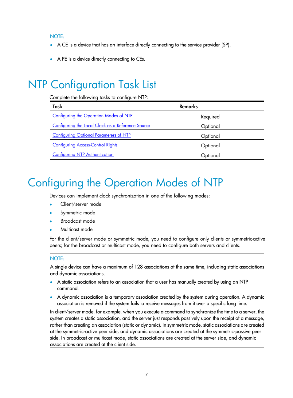 Ntp configuration task list, Configuring the operation modes of ntp | H3C Technologies H3C SecPath F1000-E User Manual | Page 119 / 326