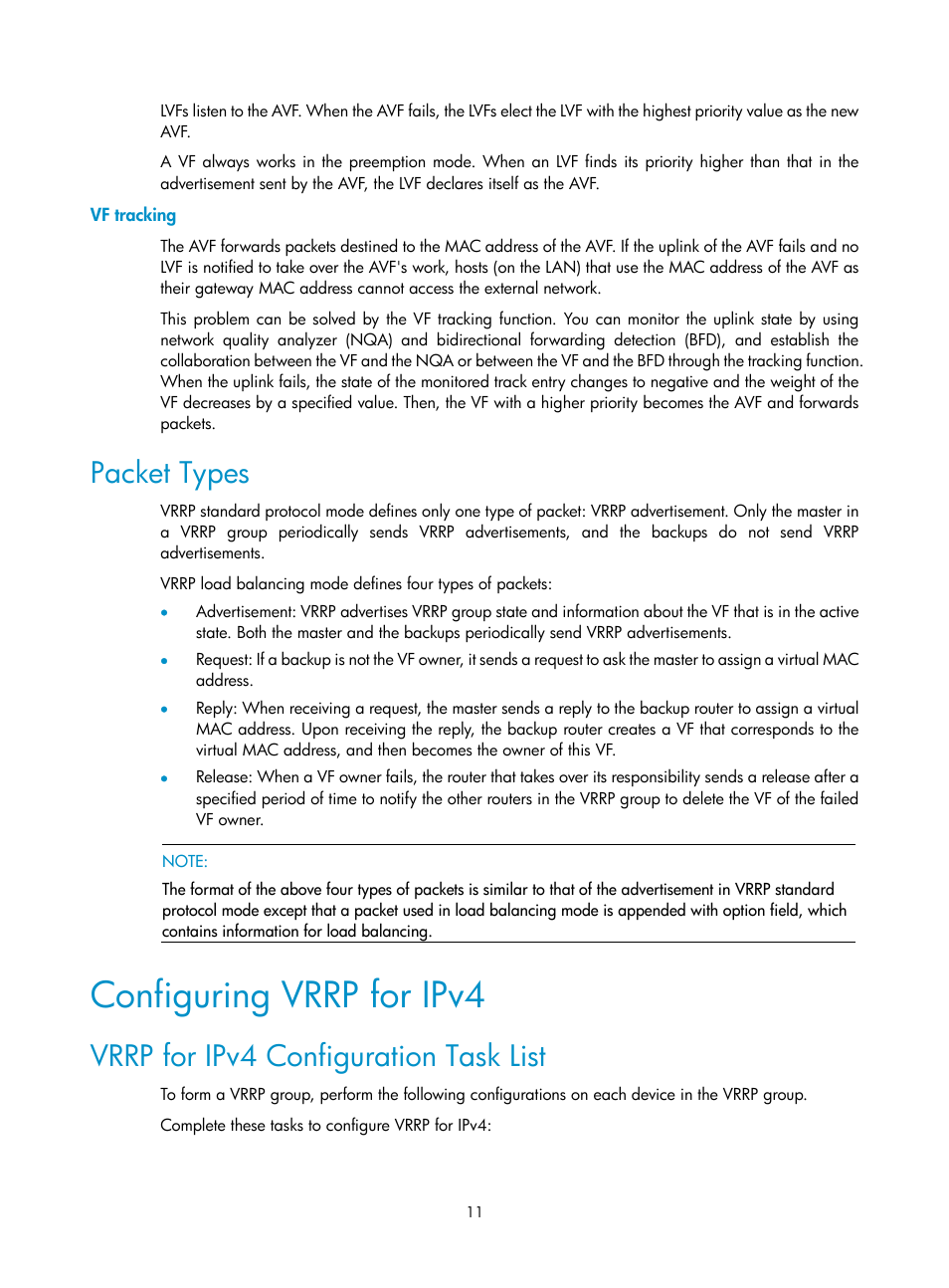 Vf tracking, Packet types, Configuring vrrp for ipv4 | Vrrp for ipv4 configuration task list | H3C Technologies H3C SecPath F1000-E User Manual | Page 12 / 326