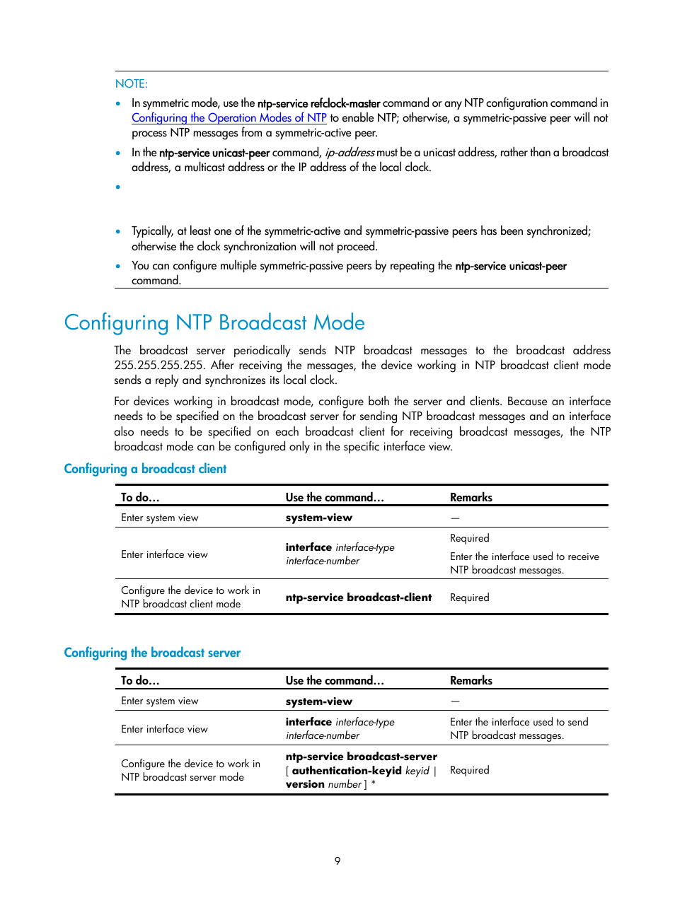 Configuring ntp broadcast mode, Configuring a broadcast client, Configuring the broadcast server | H3C Technologies H3C SecPath F1000-E User Manual | Page 121 / 326