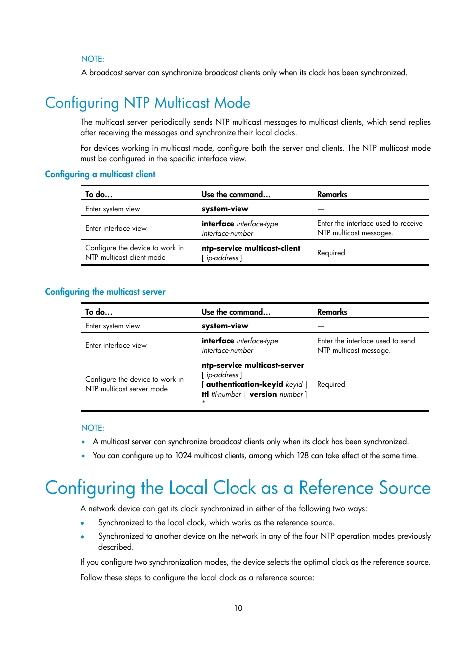 Configuring ntp multicast mode, Configuring a multicast client, Configuring the multicast server | Configuring the local clock as a reference source | H3C Technologies H3C SecPath F1000-E User Manual | Page 122 / 326