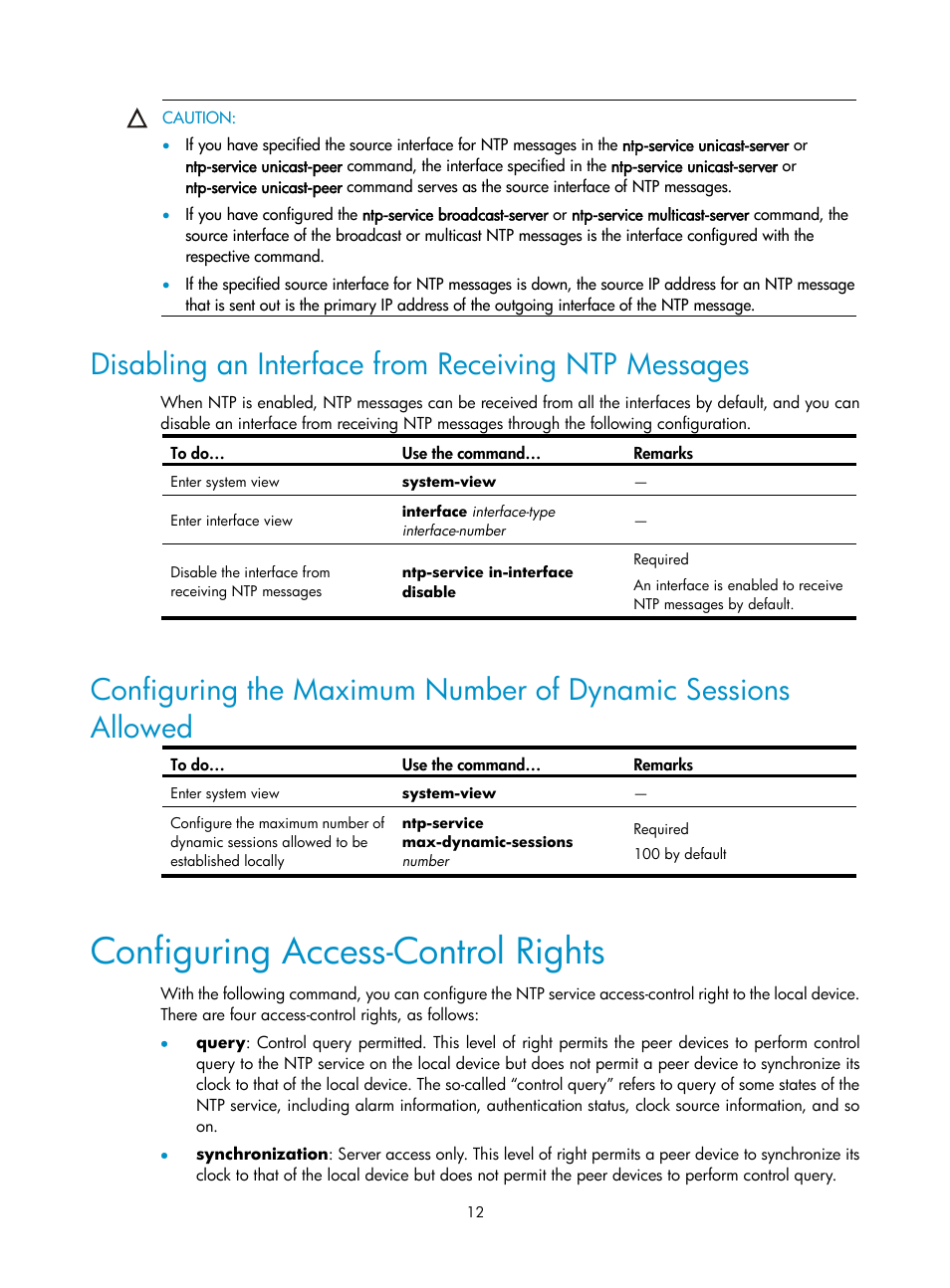 Disabling an interface from receiving ntp messages, Configuring access-control rights | H3C Technologies H3C SecPath F1000-E User Manual | Page 124 / 326