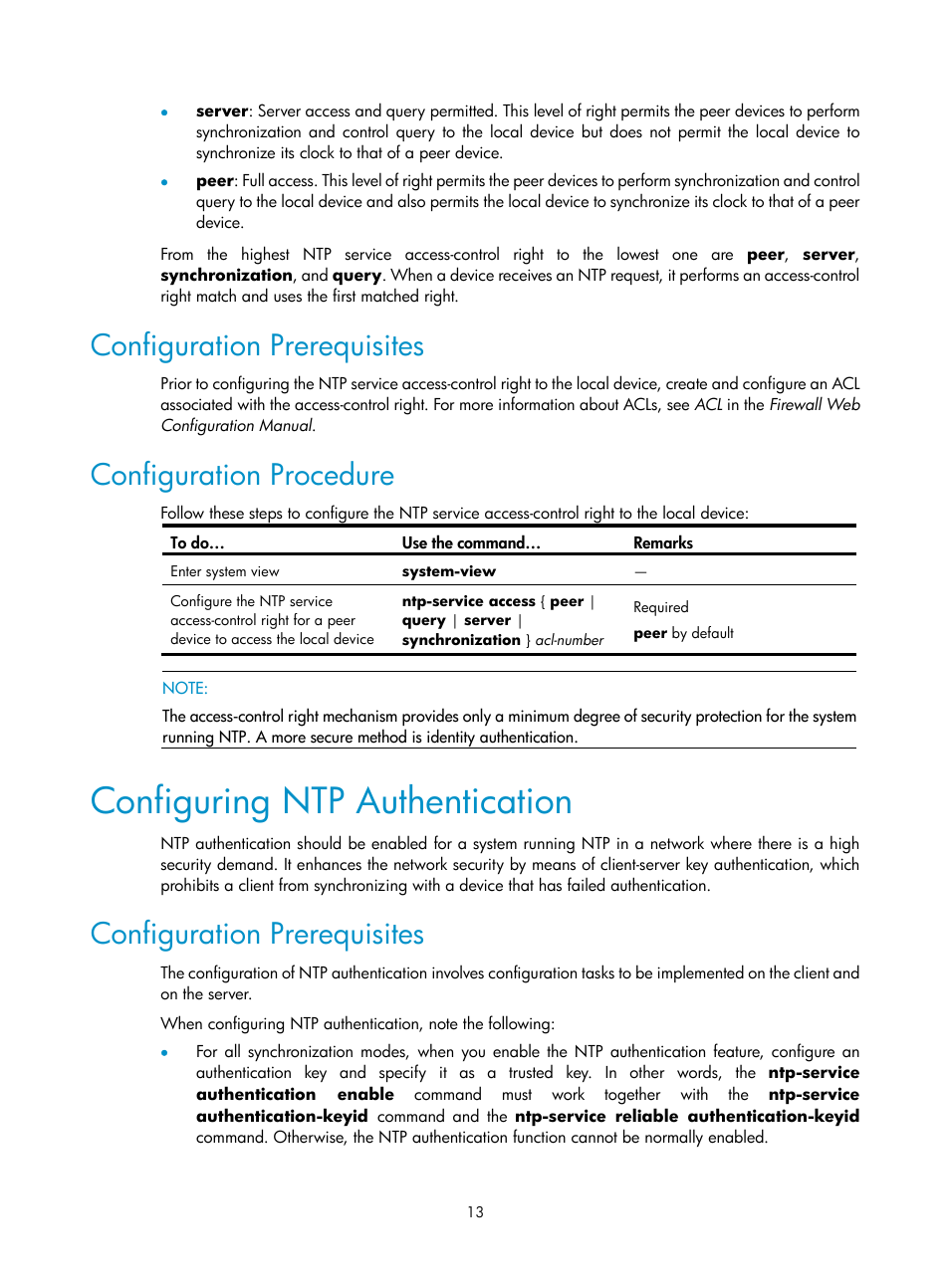 Configuration prerequisites, Configuration procedure, Configuring ntp authentication | H3C Technologies H3C SecPath F1000-E User Manual | Page 125 / 326