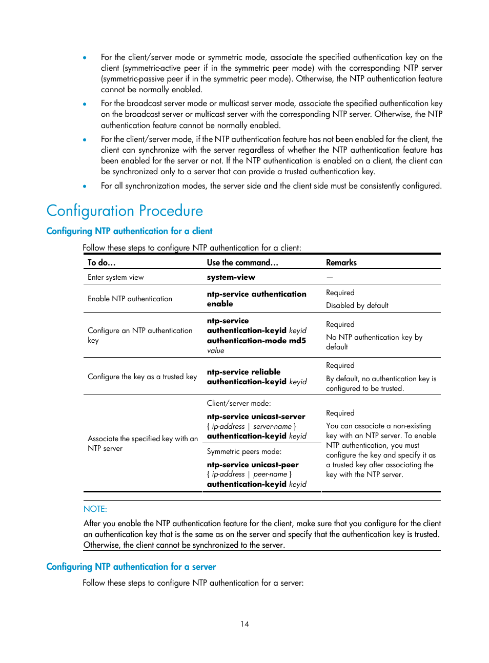 Configuration procedure, Configuring ntp authentication for a client, Configuring ntp authentication for a server | H3C Technologies H3C SecPath F1000-E User Manual | Page 126 / 326