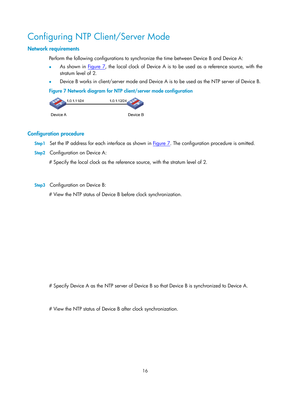 Configuring ntp client/server mode, Network requirements, Configuration procedure | H3C Technologies H3C SecPath F1000-E User Manual | Page 128 / 326