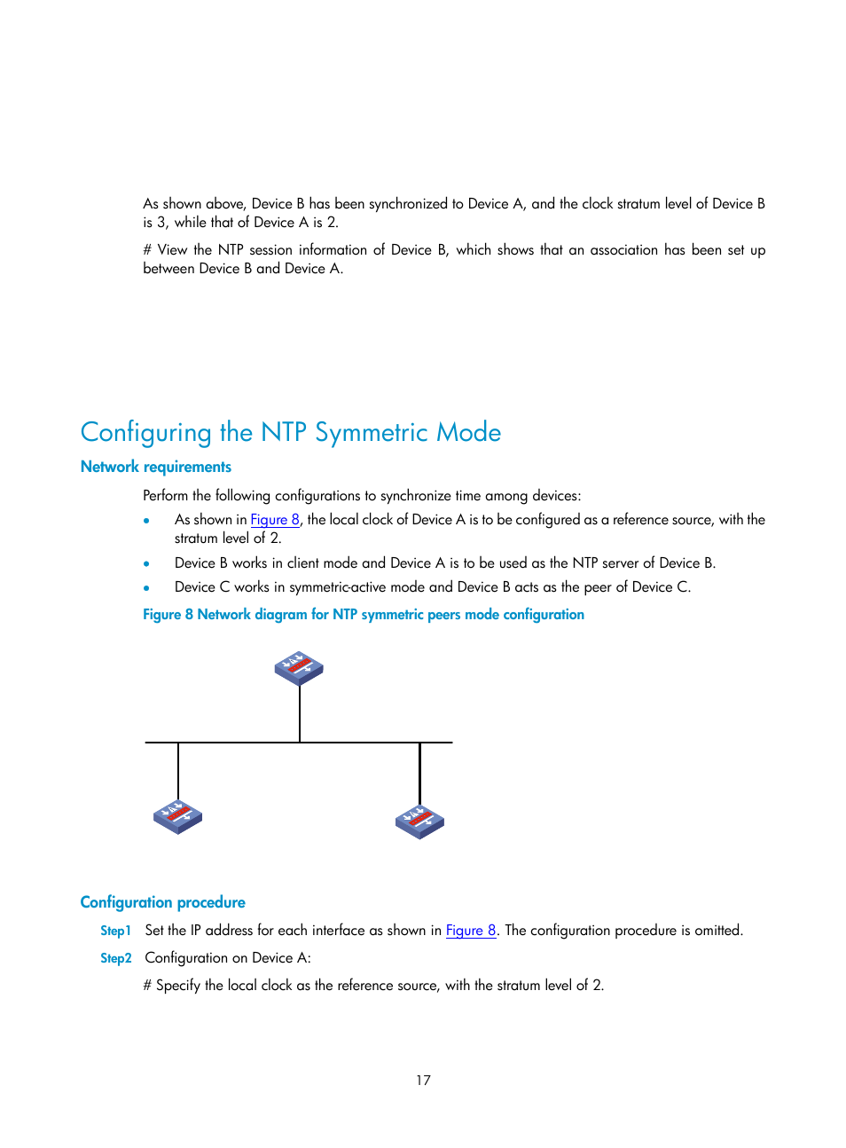 Configuring the ntp symmetric mode, Network requirements, Configuration procedure | H3C Technologies H3C SecPath F1000-E User Manual | Page 129 / 326