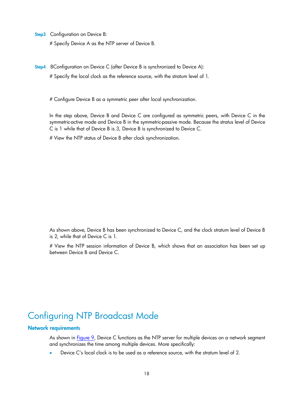 Configuring ntp broadcast mode, Network requirements | H3C Technologies H3C SecPath F1000-E User Manual | Page 130 / 326