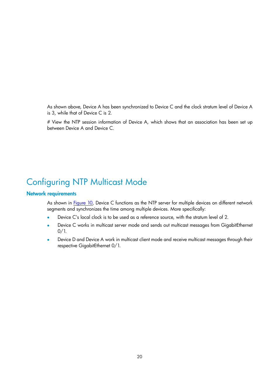 Configuring ntp multicast mode, Network requirements | H3C Technologies H3C SecPath F1000-E User Manual | Page 132 / 326