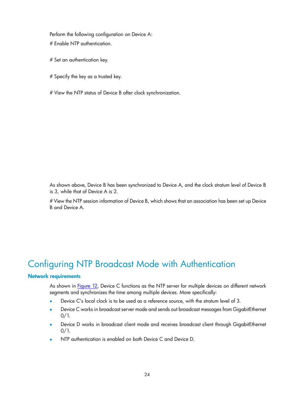 Configuring ntp broadcast mode with authentication, Network requirements | H3C Technologies H3C SecPath F1000-E User Manual | Page 136 / 326