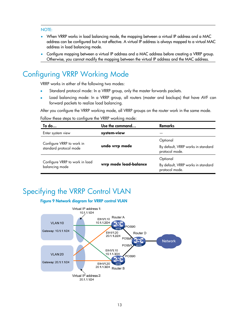 Configuring vrrp working mode, Specifying the vrrp control vlan | H3C Technologies H3C SecPath F1000-E User Manual | Page 14 / 326