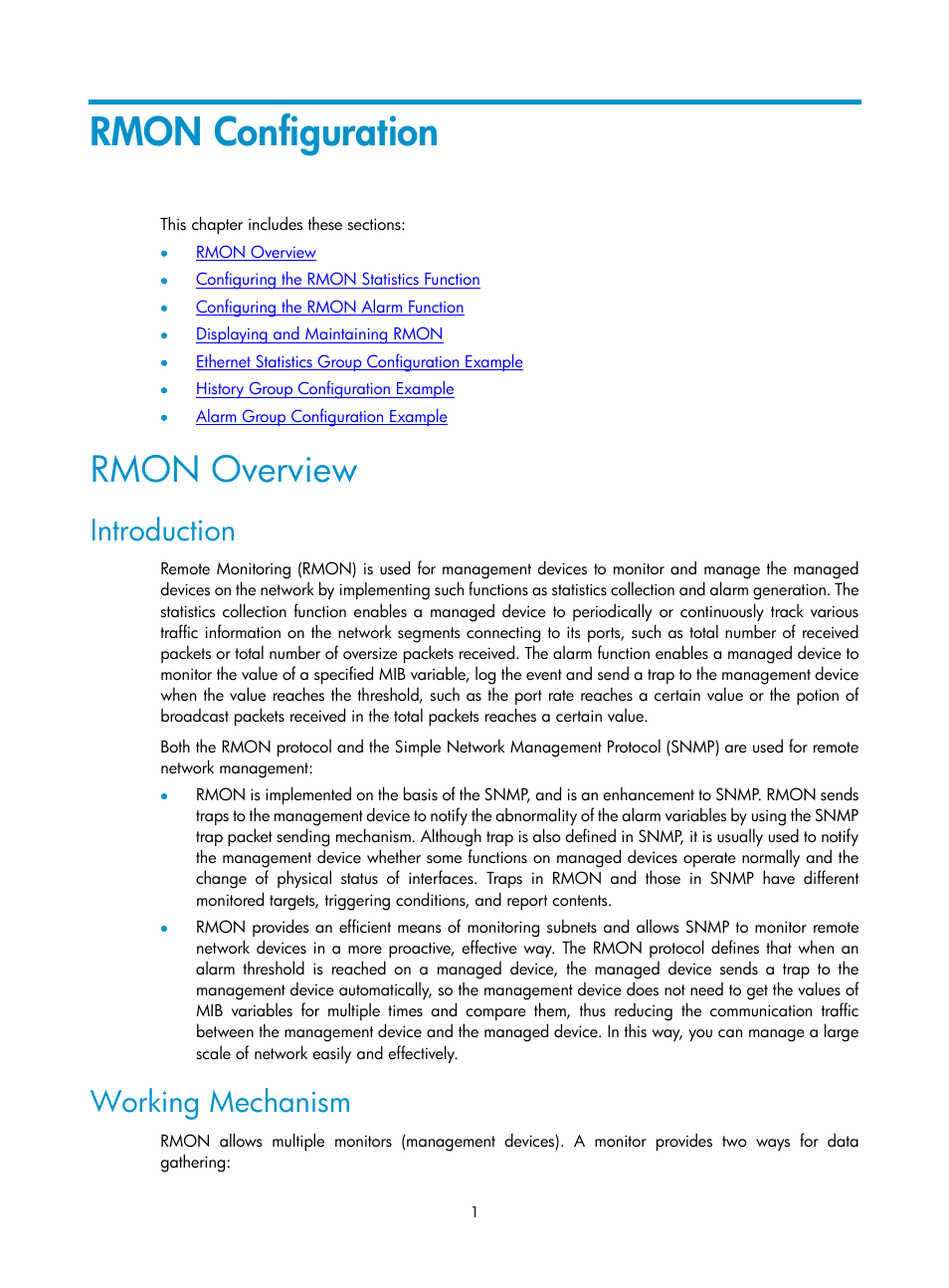 Rmon configuration, Rmon overview, Introduction | Working mechanism | H3C Technologies H3C SecPath F1000-E User Manual | Page 140 / 326