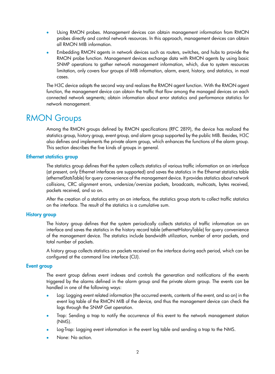 Rmon groups, Ethernet statistics group, History group | Event group | H3C Technologies H3C SecPath F1000-E User Manual | Page 141 / 326