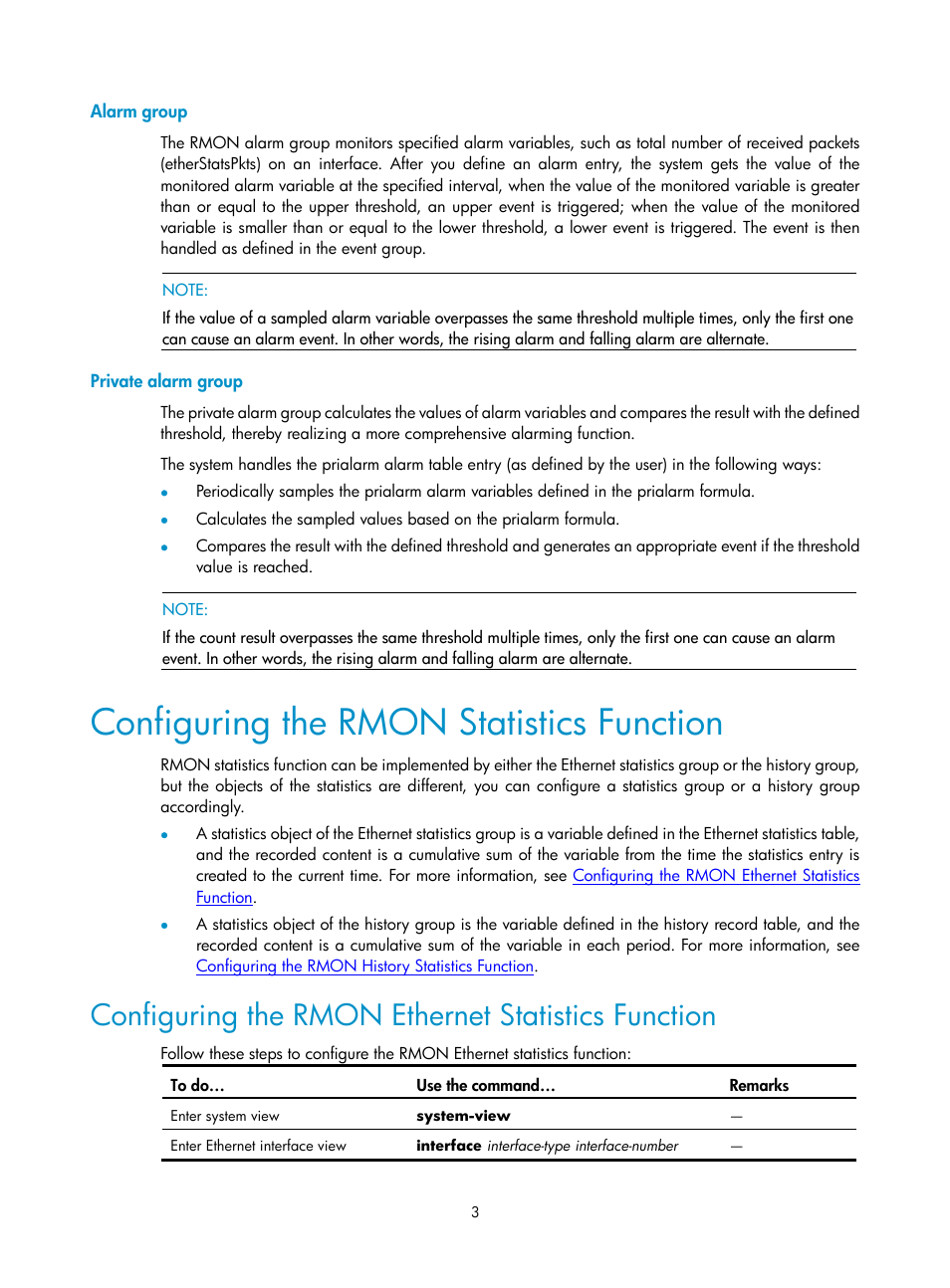 Alarm group, Private alarm group, Configuring the rmon statistics function | Configuring the rmon ethernet statistics function | H3C Technologies H3C SecPath F1000-E User Manual | Page 142 / 326