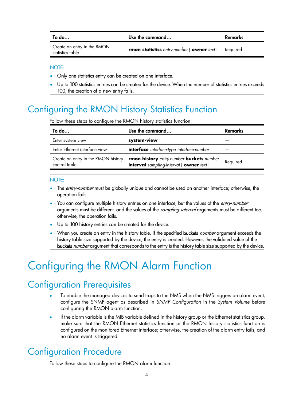 Configuring the rmon history statistics function, Configuring the rmon alarm function, Configuration prerequisites | Configuration procedure | H3C Technologies H3C SecPath F1000-E User Manual | Page 143 / 326