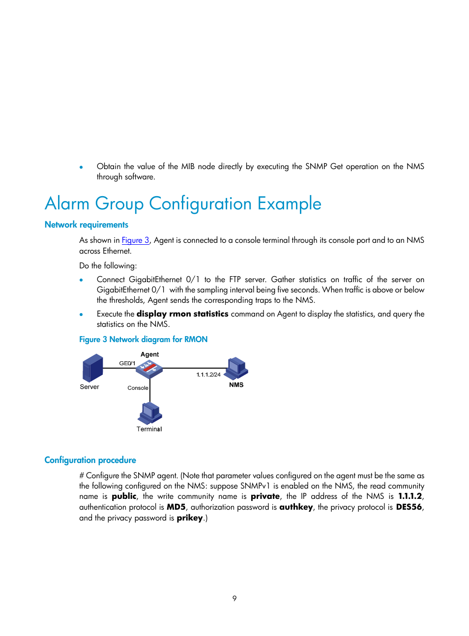 Alarm group configuration example, Network requirements, Configuration procedure | H3C Technologies H3C SecPath F1000-E User Manual | Page 148 / 326