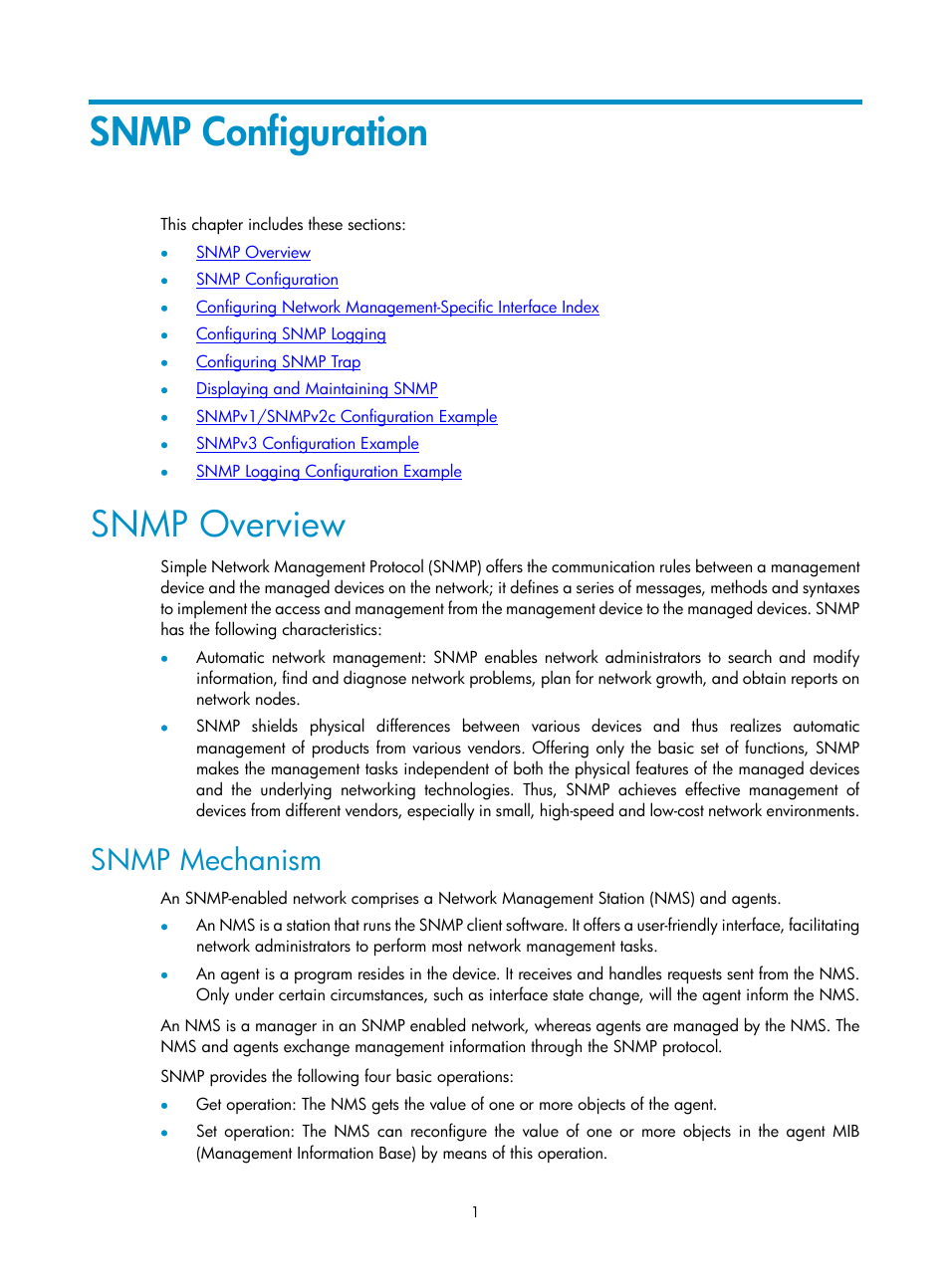 Snmp configuration, Snmp overview, Snmp mechanism | H3C Technologies H3C SecPath F1000-E User Manual | Page 151 / 326