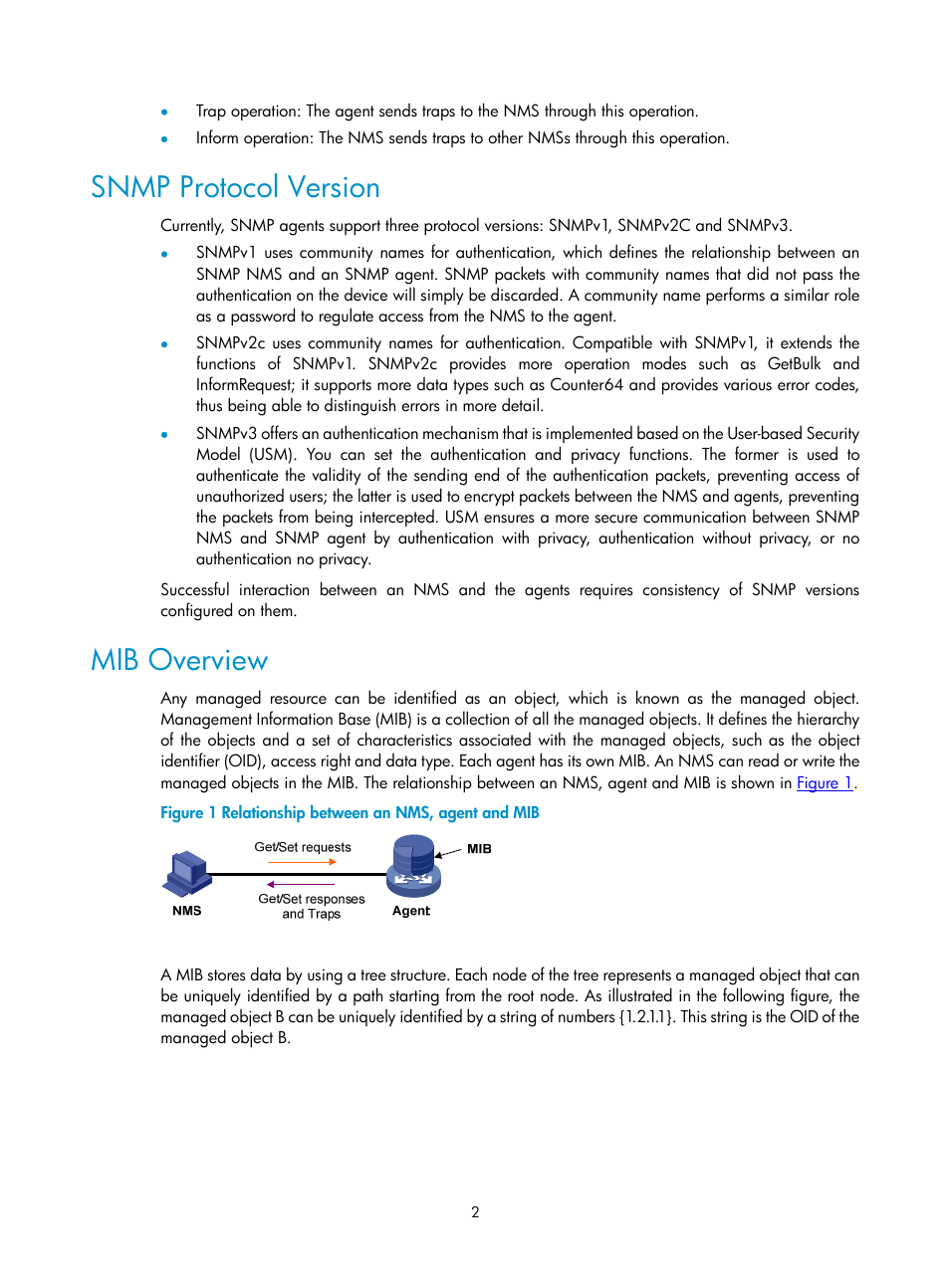 Snmp protocol version, Mib overview | H3C Technologies H3C SecPath F1000-E User Manual | Page 152 / 326