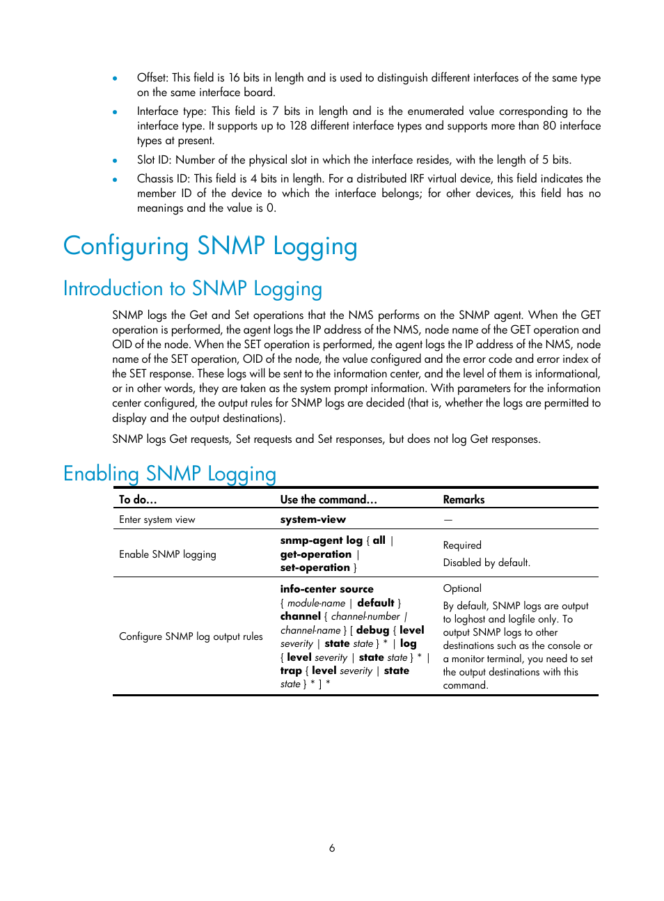 Configuring snmp logging, Introduction to snmp logging, Enabling snmp logging | H3C Technologies H3C SecPath F1000-E User Manual | Page 156 / 326