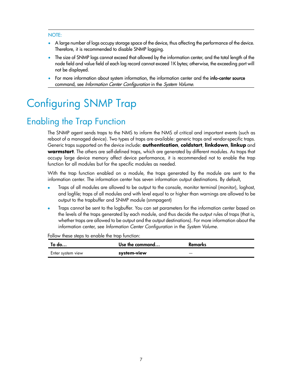 Configuring snmp trap, Enabling the trap function | H3C Technologies H3C SecPath F1000-E User Manual | Page 157 / 326