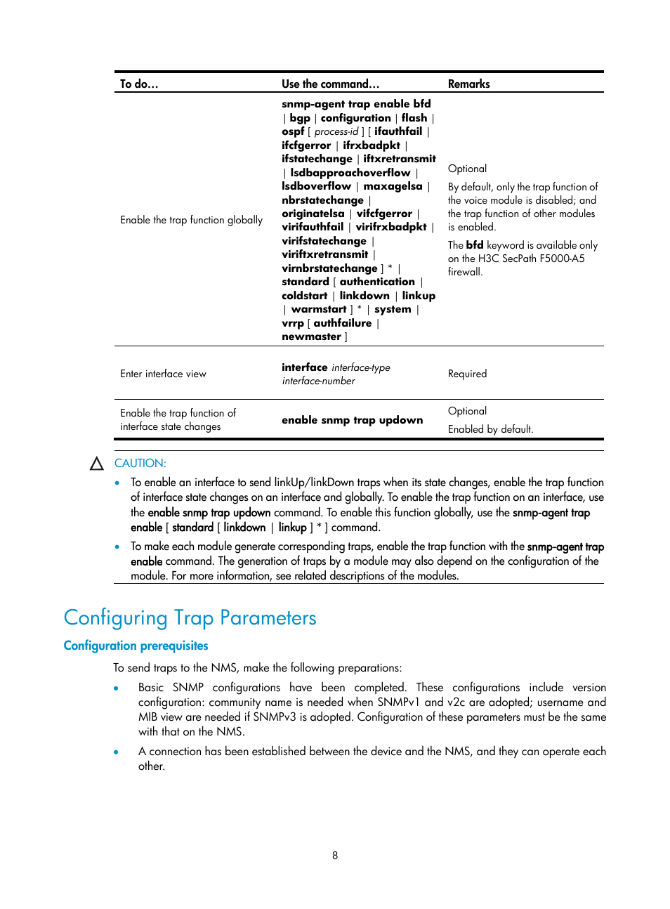 Configuring trap parameters, Configuration prerequisites | H3C Technologies H3C SecPath F1000-E User Manual | Page 158 / 326