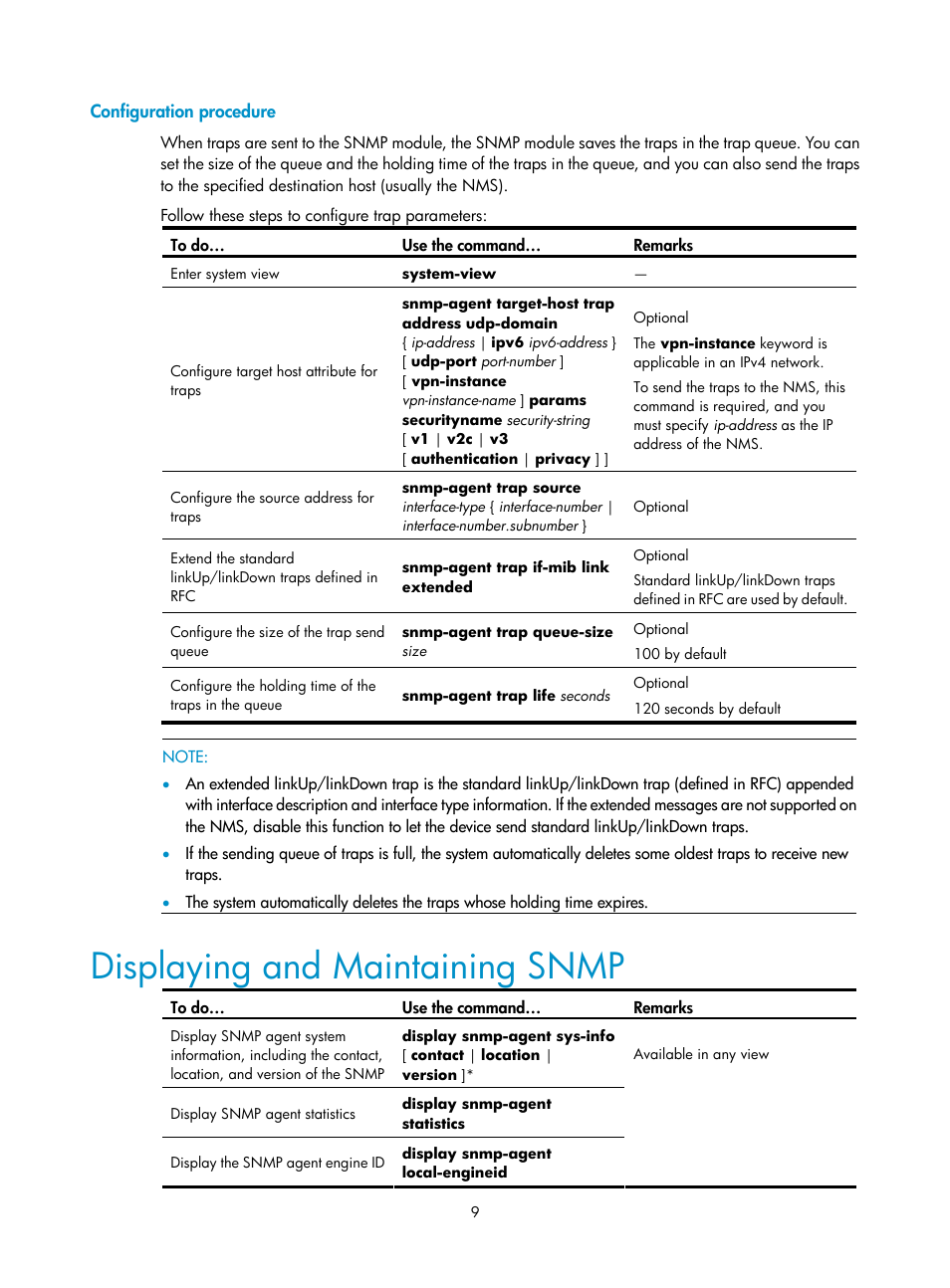 Configuration procedure, Displaying and maintaining snmp | H3C Technologies H3C SecPath F1000-E User Manual | Page 159 / 326