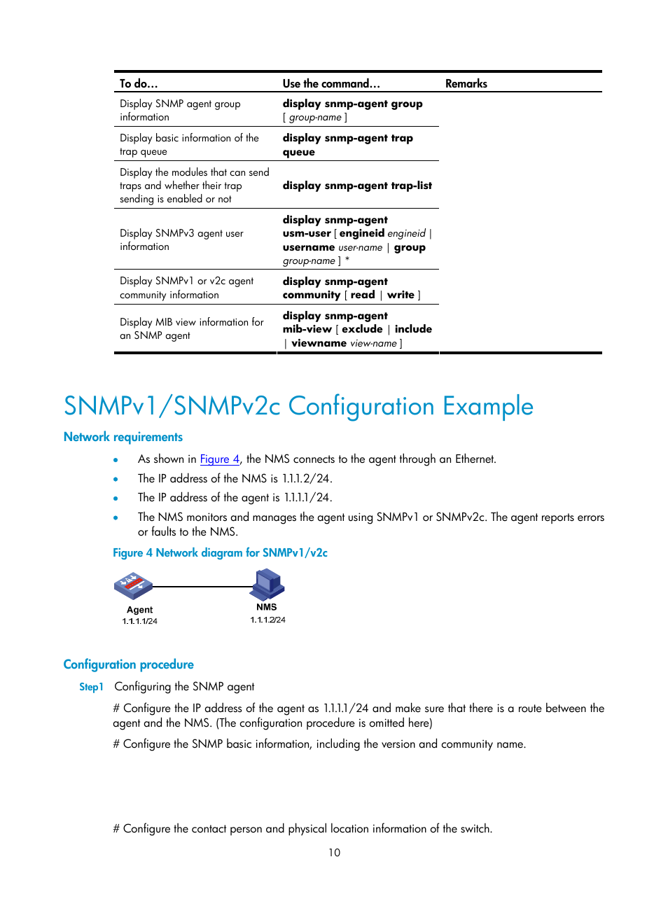 Snmpv1/snmpv2c configuration example, Network requirements, Configuration procedure | H3C Technologies H3C SecPath F1000-E User Manual | Page 160 / 326