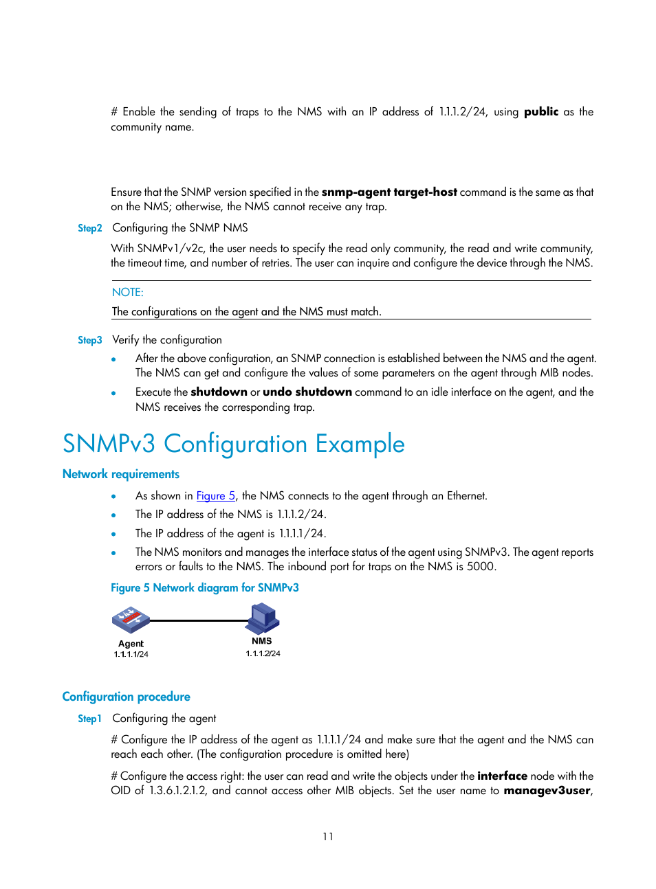 Snmpv3 configuration example, Network requirements, Configuration procedure | H3C Technologies H3C SecPath F1000-E User Manual | Page 161 / 326