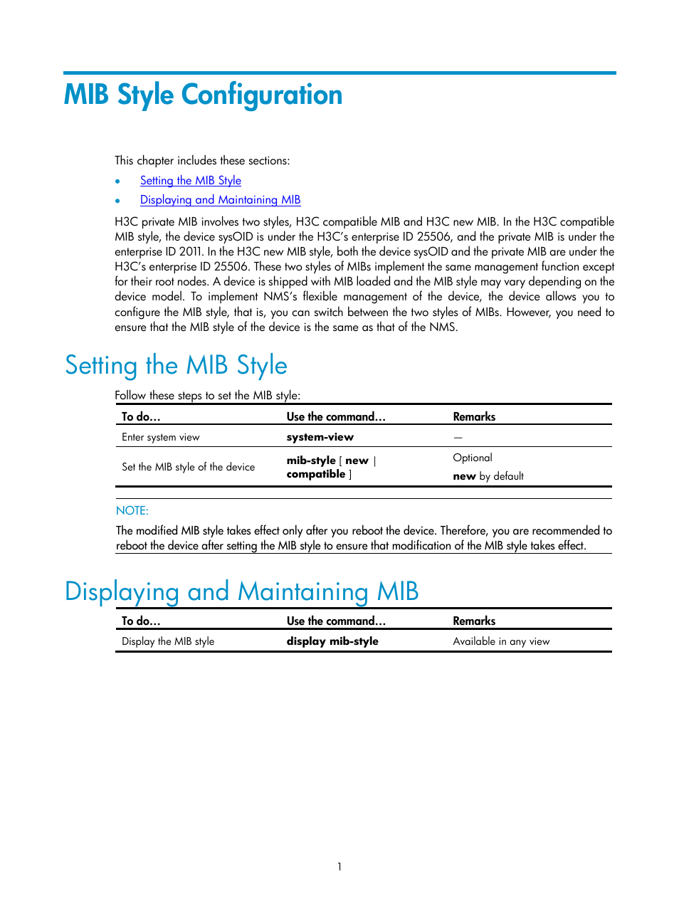 Mib style configuration, Setting the mib style, Displaying and maintaining mib | H3C Technologies H3C SecPath F1000-E User Manual | Page 165 / 326