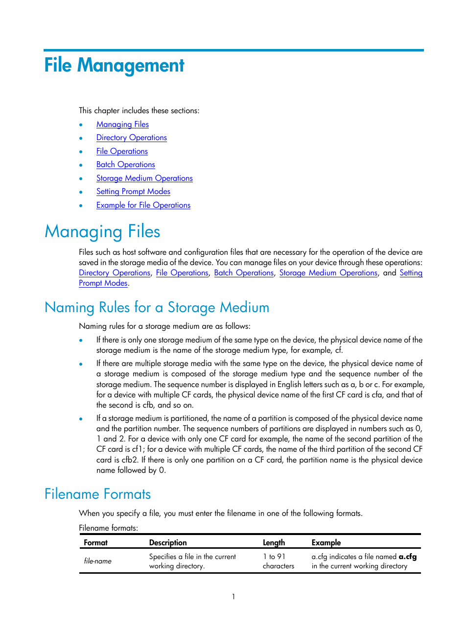 File management, Managing files, Naming rules for a storage medium | Filename formats | H3C Technologies H3C SecPath F1000-E User Manual | Page 168 / 326