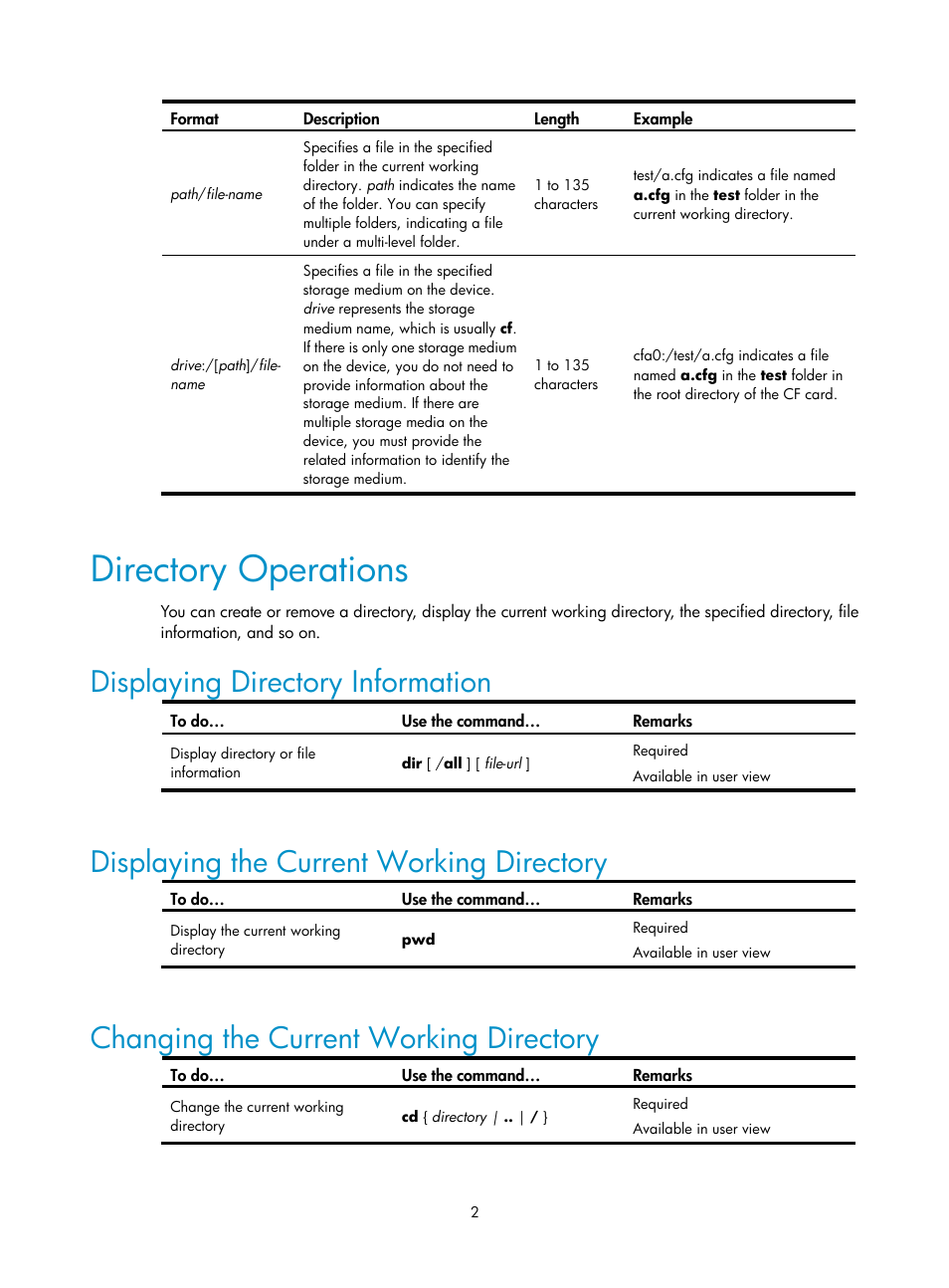 Directory operations, Displaying directory information, Displaying the current working directory | Changing the current working directory | H3C Technologies H3C SecPath F1000-E User Manual | Page 169 / 326