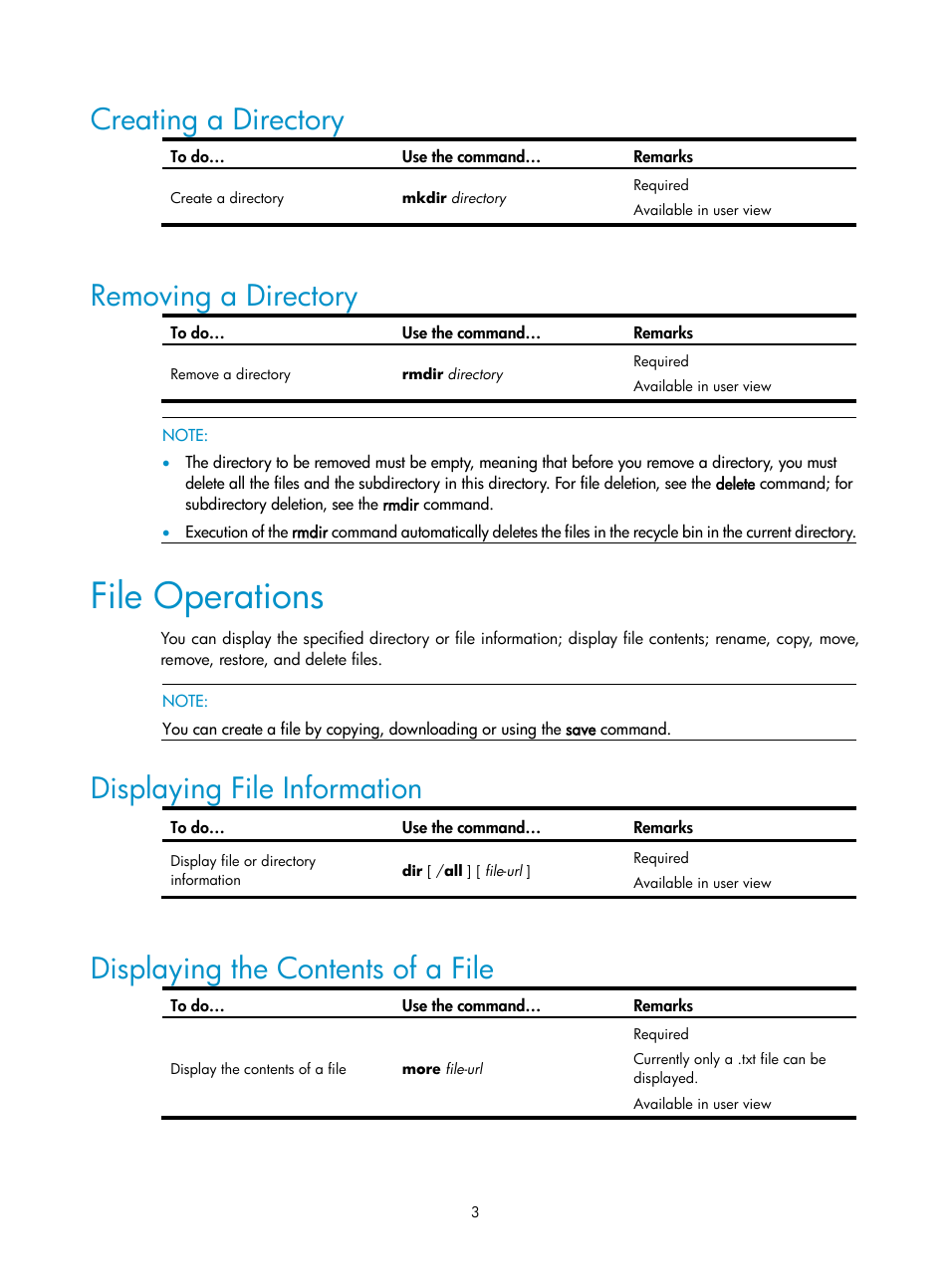 Creating a directory, Removing a directory, File operations | Displaying file information, Displaying the contents of a file | H3C Technologies H3C SecPath F1000-E User Manual | Page 170 / 326